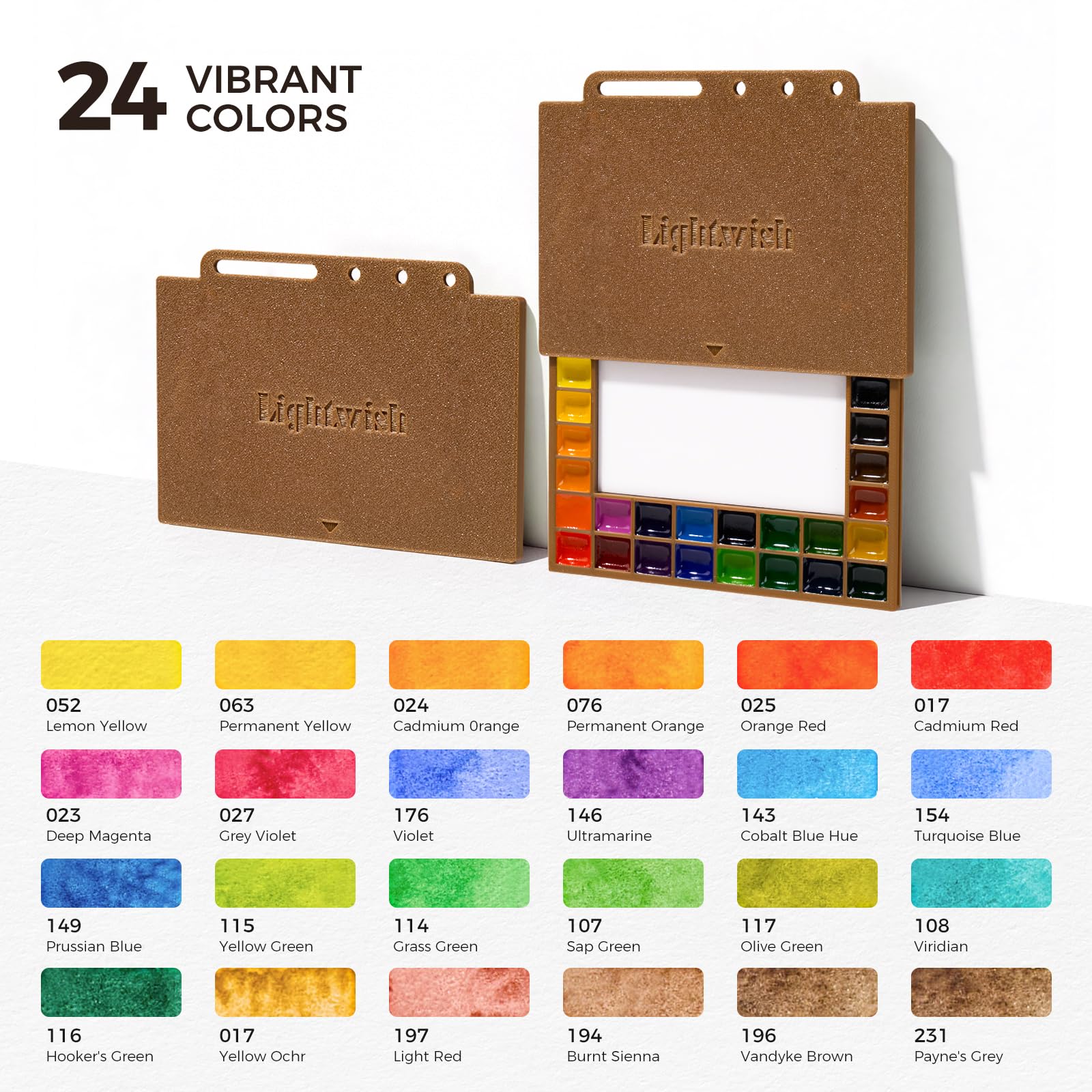 LIGHTWISH Juego de 24 pinturas de acuarela para artistas y principiantes, color marrón | Juego de acuarela portátil con papel 100% algodón recargable, paleta de cerámica y pincel de acuarela