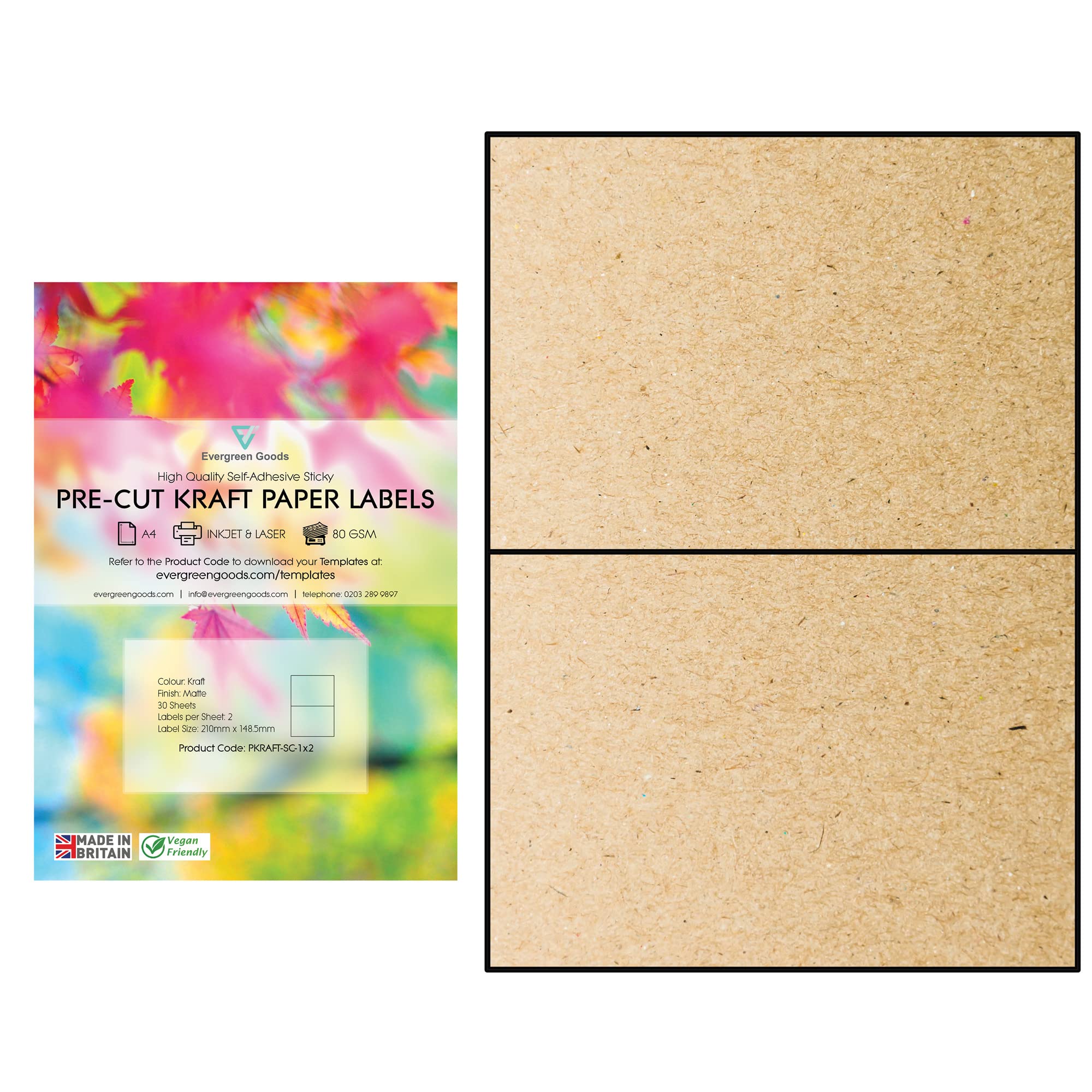 Evergreen Goods A4 Precut Kraft Matte Self Adhesive Paper | Inkjet & Laser Printable | Strong Sticky Back Multi Purpose Printing Labels | 1x2, 2 per A4: 600 Labels in Total | 300 Sheets
