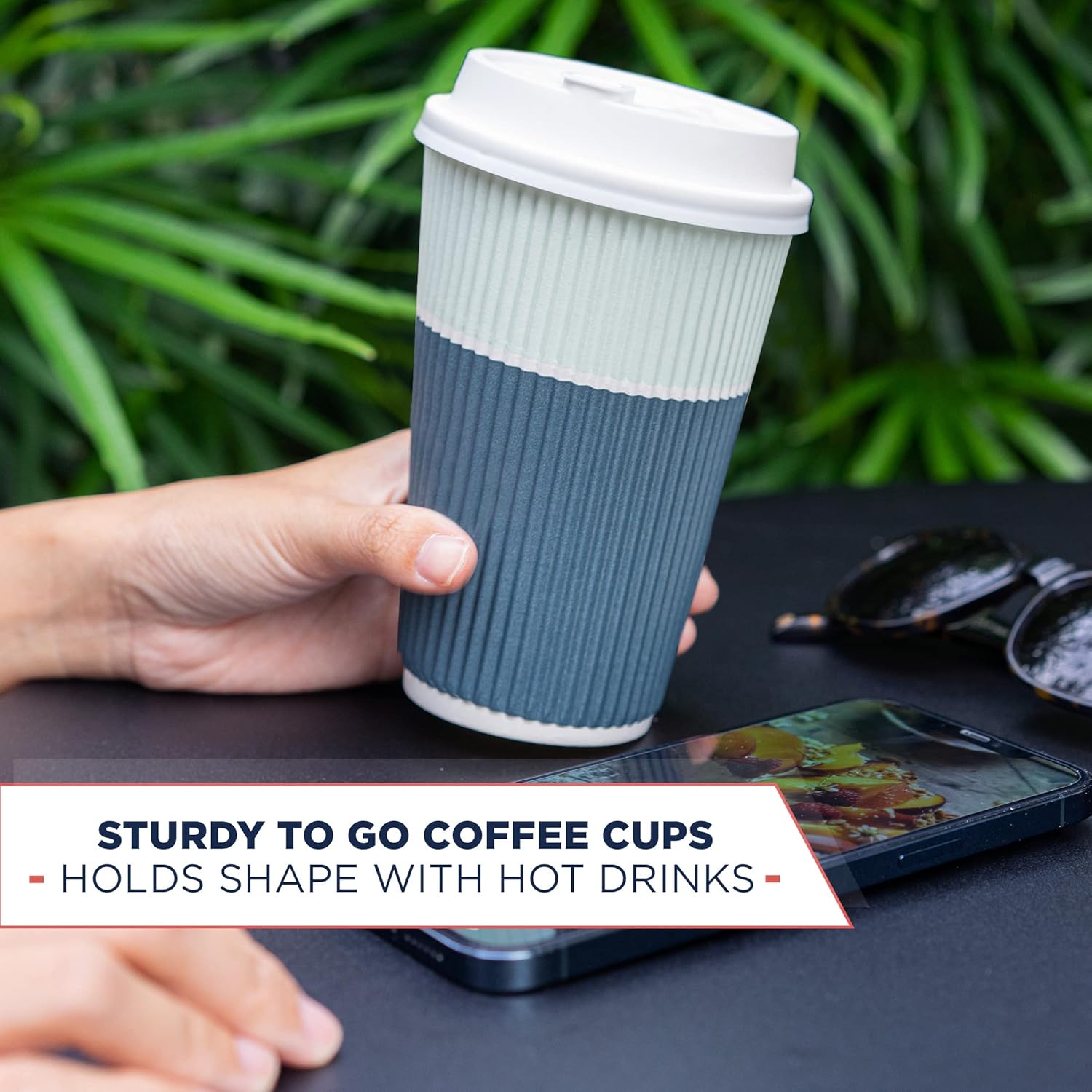 To Go Coffee Cups With Lids - 22 oz Disposable Coffee Cup With Lid. Large Togo Travel Paper Ripple Hot Cups Insulated For Hot, Cold Beverage Drinks, No Sleeves Needed (50, Ocean Blue) - Image 5