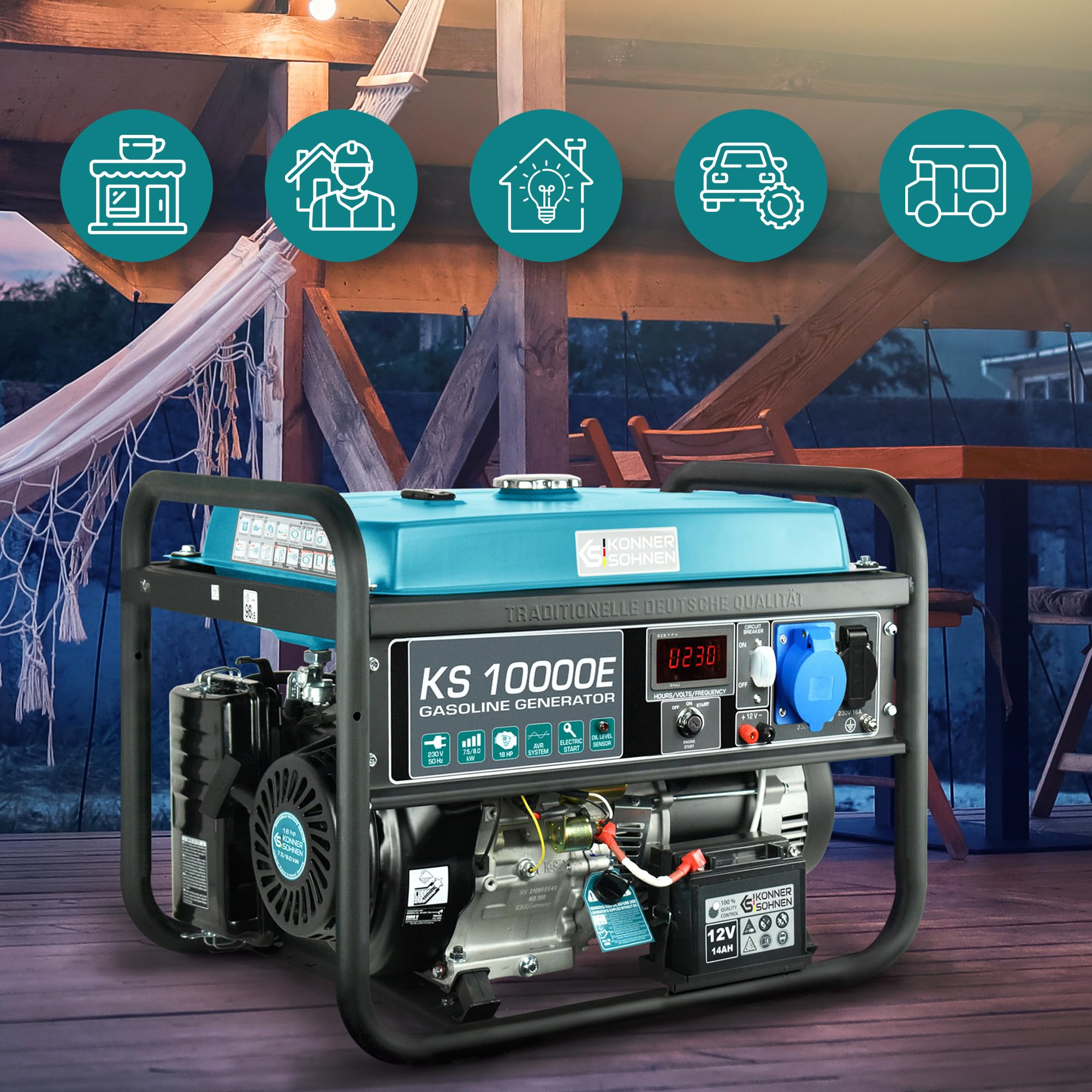 Générateur à essence KS 10000E, puissance maximale 8000W, generateur de courant, prises 1x16A, 1x32A (230V), moteur EURO-V, régulateur de tension automatique (AVR) power station