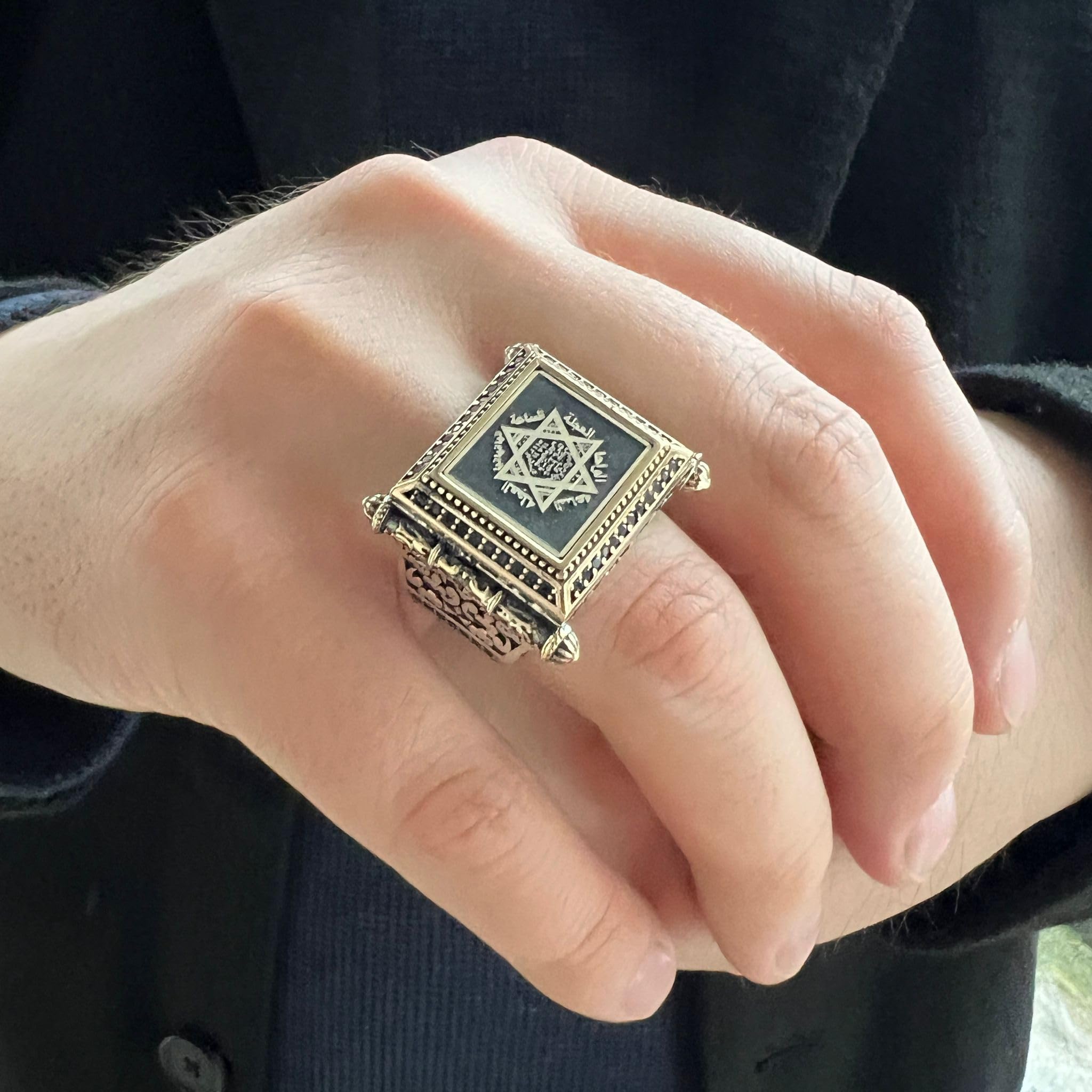 Anillo de plata de ley 925 maciza con sello rectangular de Salomón para hombre con lados de piedra de circonita turca hecha a mano joyería de plata regalo para él
