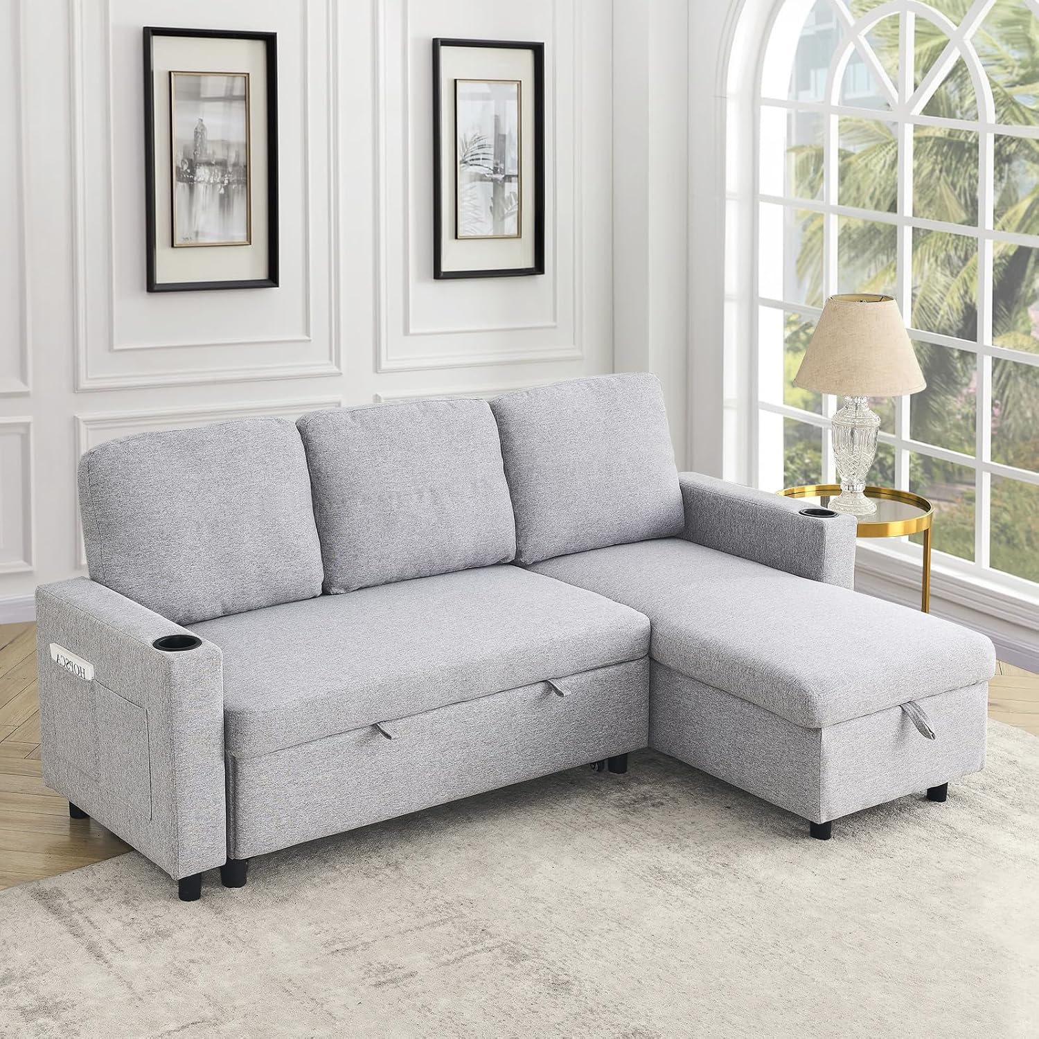 JEEOHEY 78.5" L Shape Couch Sofa,Linen Convertible Modular Sectional 3 Seater Couch w/Reversible Storage Chaise&Cup Holder,Sleeper Pull Out Sofa Bed for Living Room,Apartment,Small Place(Light Grey)
