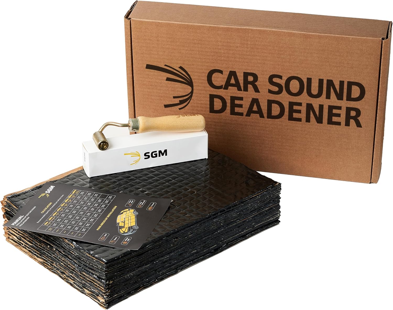 SGM Black Premium Car Sound Deadening Mat 80 mil (2mm) 30 sqft (2.78 sqm) with Installation Roller Set, Automotive Sound Deadener, Self Adhesive Butyl Car Sound Deadening Material, Audio Insulation