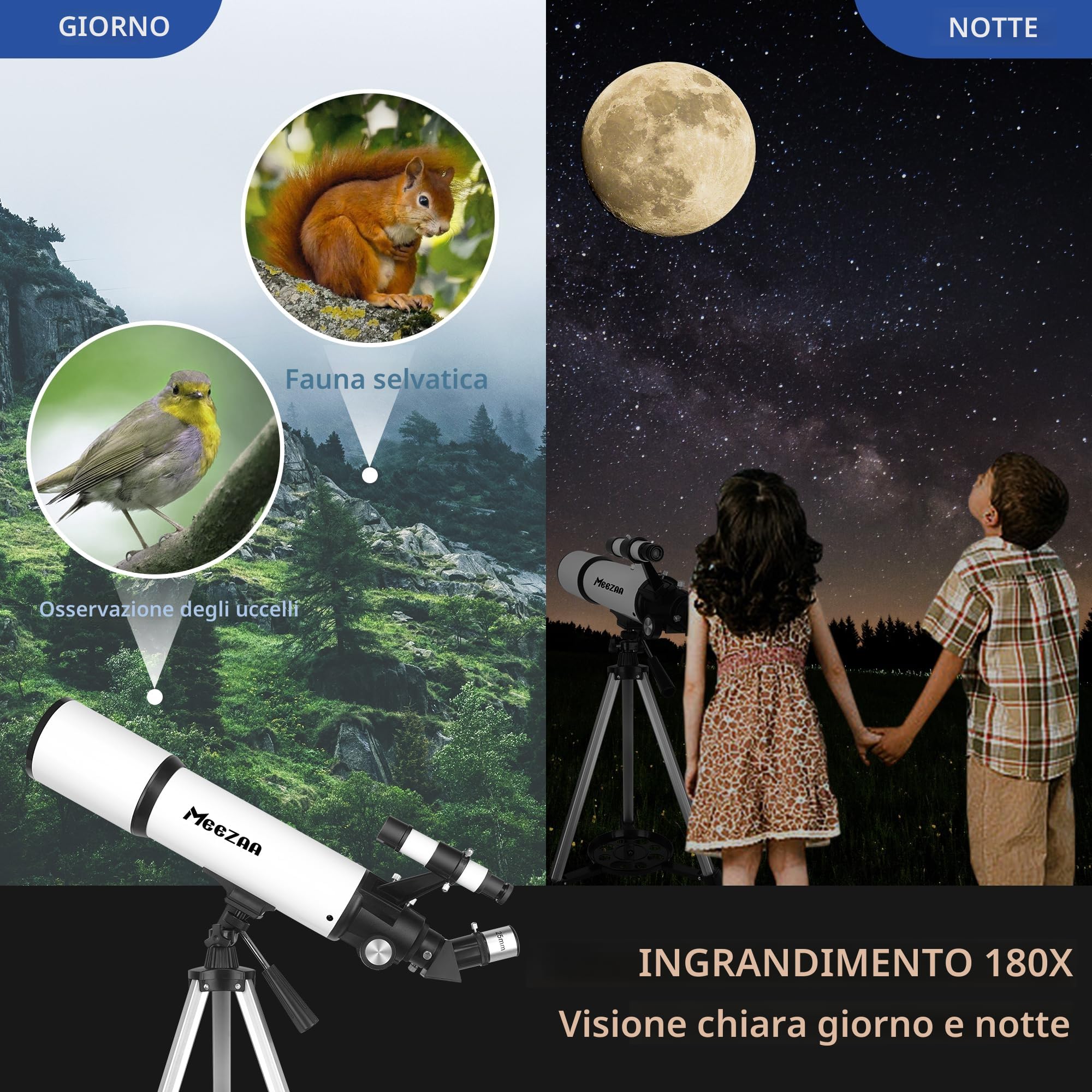 MEEZAA Telescopio, Telescopio Astronomico Professionale Adulti, 80/600mm (24X-180X) Telescopi Rifrattori per Bambini e Principianti, Portatile da Viaggio con Treppiede, Adattatore Telefonico e Borsa