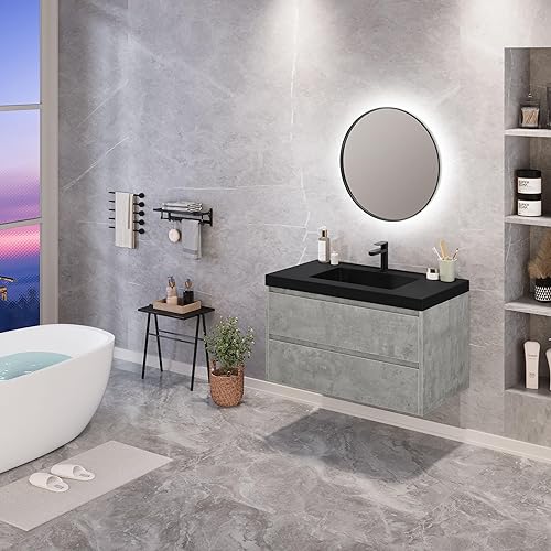 Miniatura 7 de DWVO Tocador flotante de 36 pulgadas montado en la pared con lavabo acrílico negro y 2 cajones de madera, lavabo de baño moderno con armario