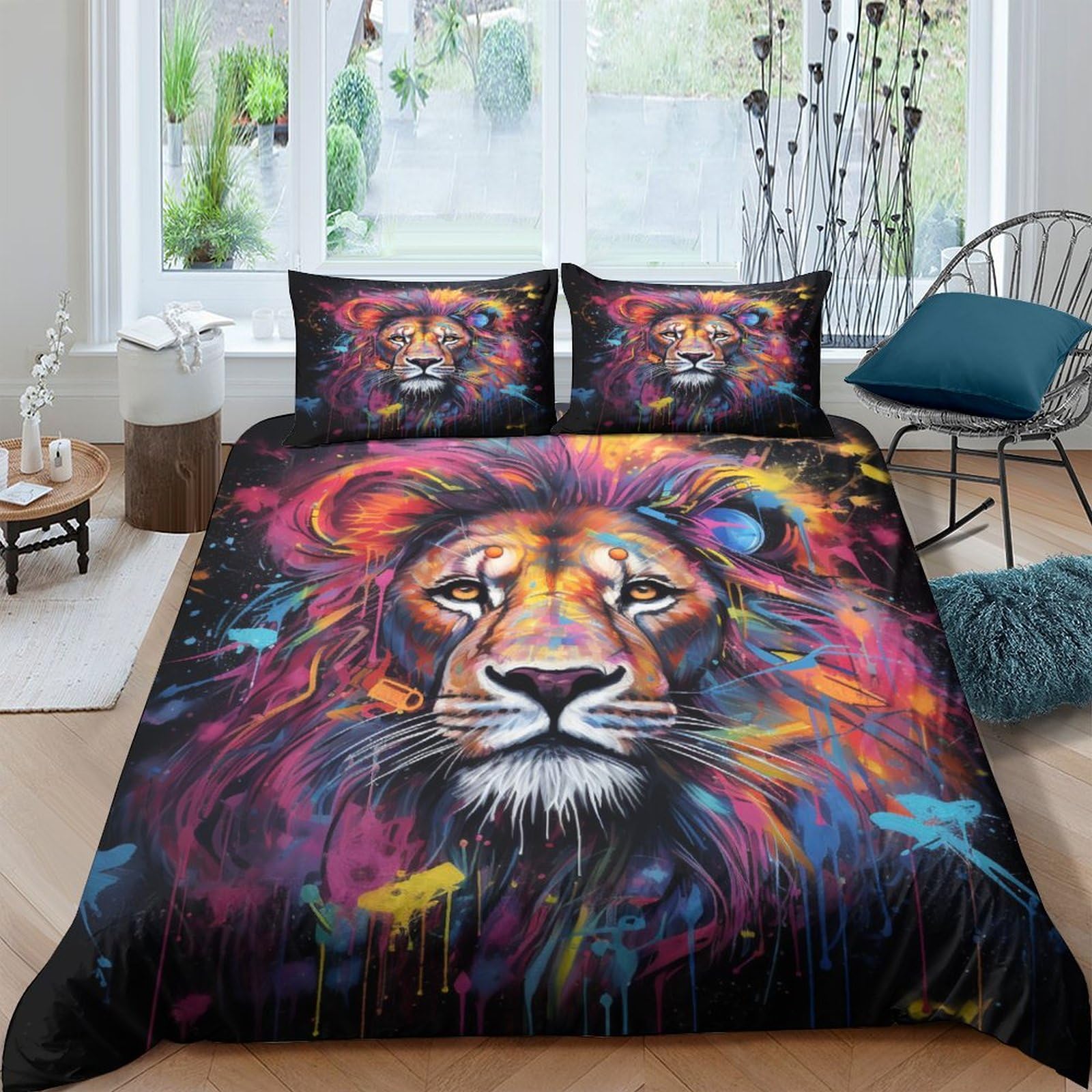Housse de couette fermeture éclair motif lion parure lit microfibre
