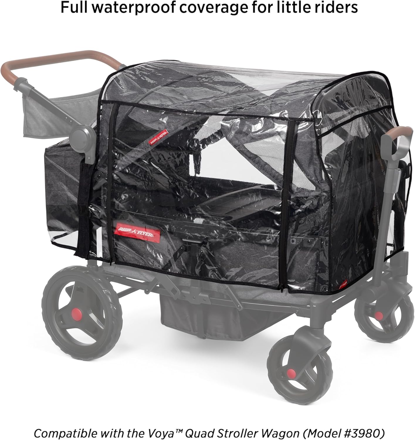 Radio Flyer Voya Quad Stroller Wagon Rain Cover with Storage Bag, Black, Waterproof Stroller Cover for 4-Seater Wagon, Fast-Drying Design, Zippered Side Panel for Easy Access