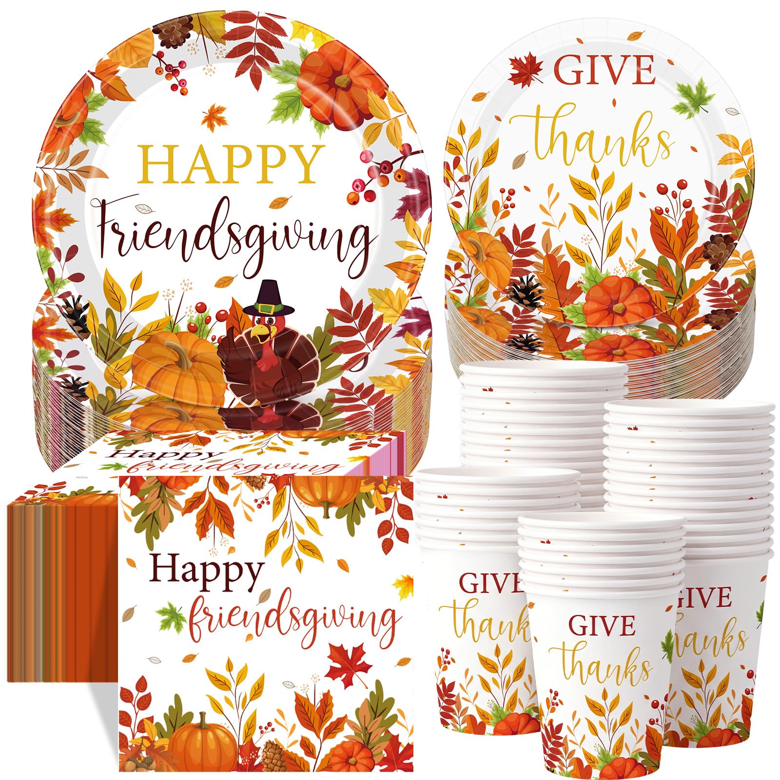 Pickmesh 250 Pcs Happy Friendsgiving Party Decorations Give Thanks Paper Plates Napkins and Cups Fall Pumpkin Disposable Tableware Set for Autumn Harvest Thanksgiving Farmhouse Party Supplies Serve 50