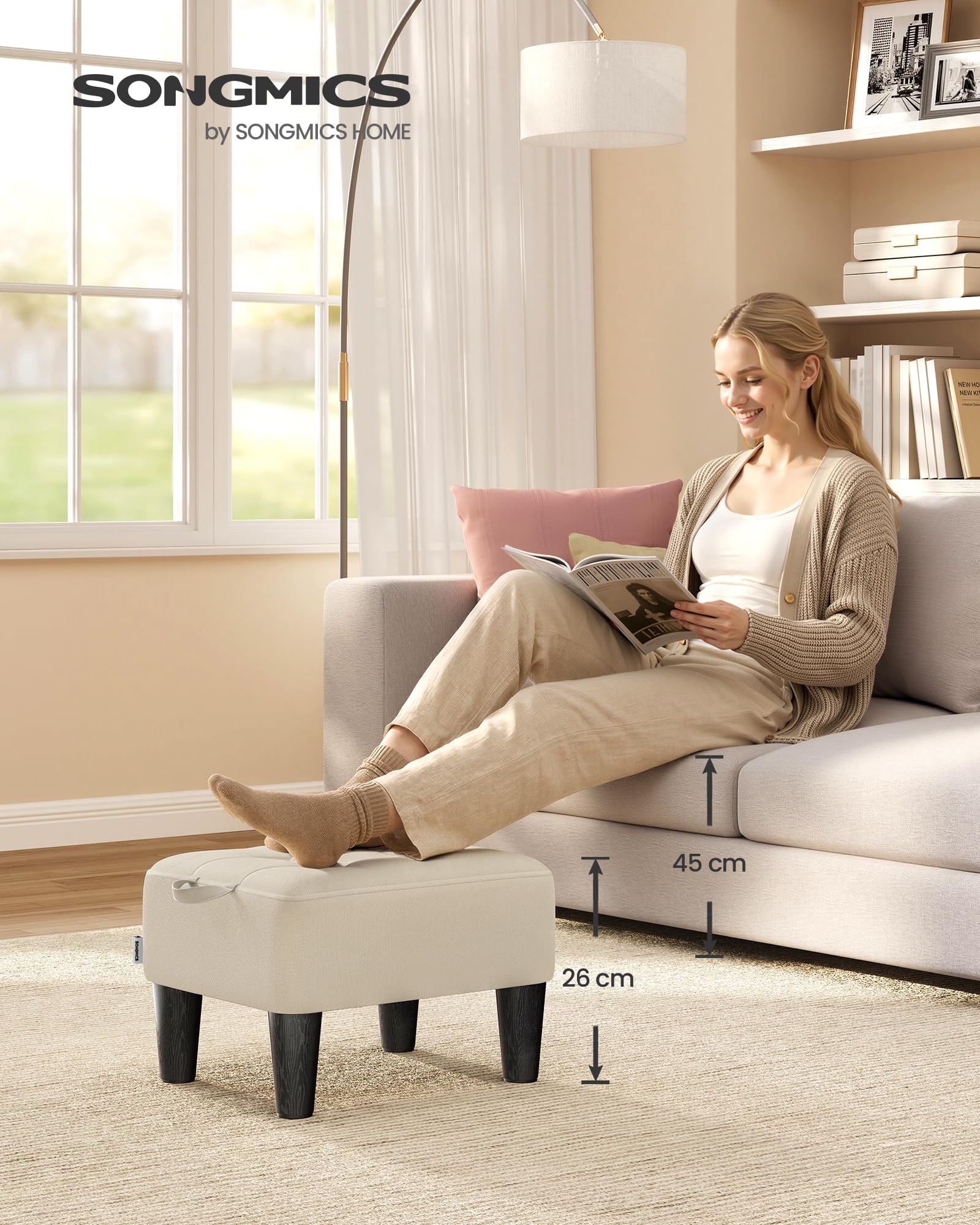SONGMICS Sgabello Poggiapiedi, Pouf Contenitore in Tessuto Simil Lino, Imbottitura Spessa, Portata fino a 150 kg, per Soggiorno, Camera da Letto, Ingresso, Beige Sabbia e Nero Inchiostro LOM502LF01