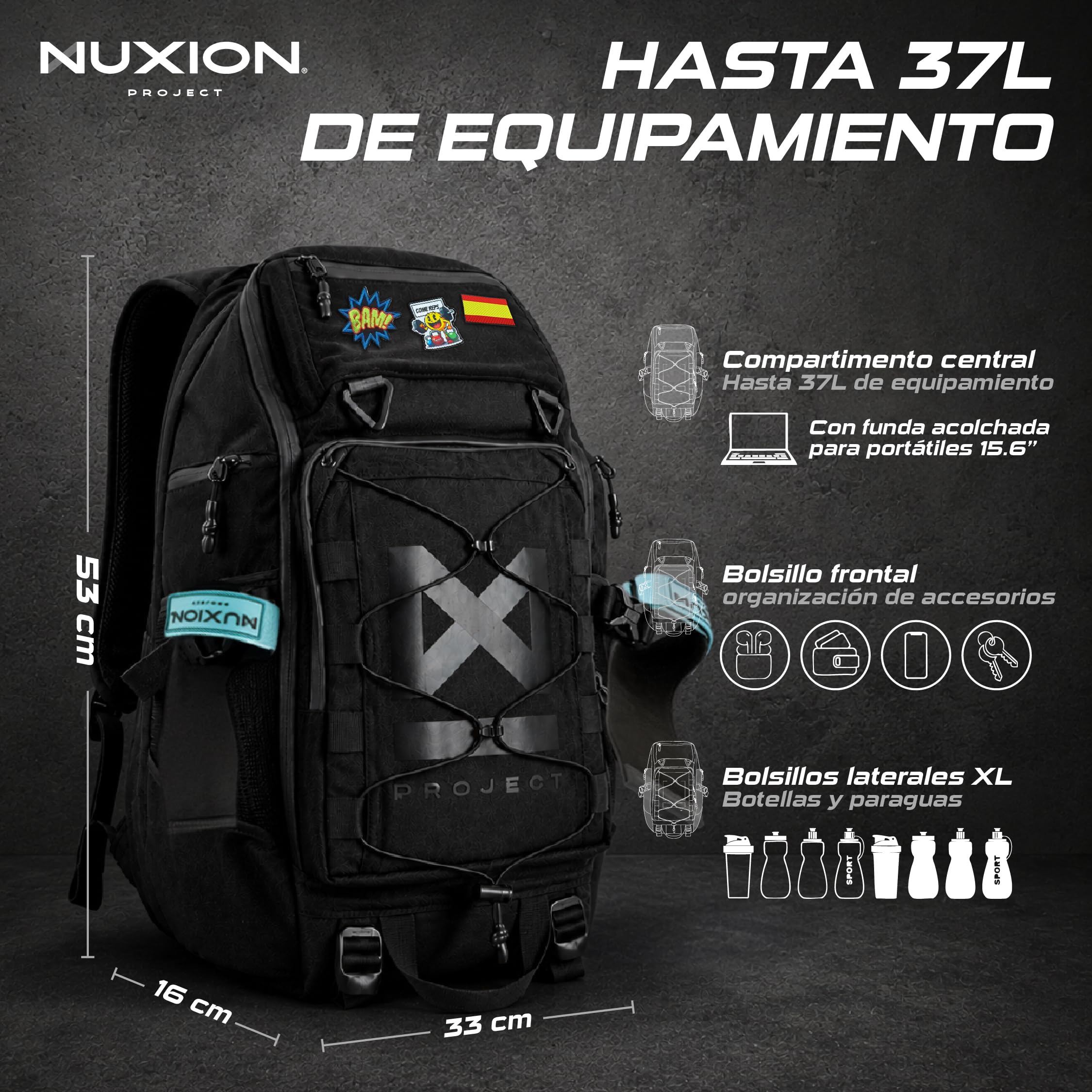 NUXION | Mochila Táctica 37L Impermeable y Resistente | Para Crossfit, Hyrox y Senderismo | Sistema MOLLE, +20 Compartimentos y Portátil 15,6" | Mochila Deportiva Unisex