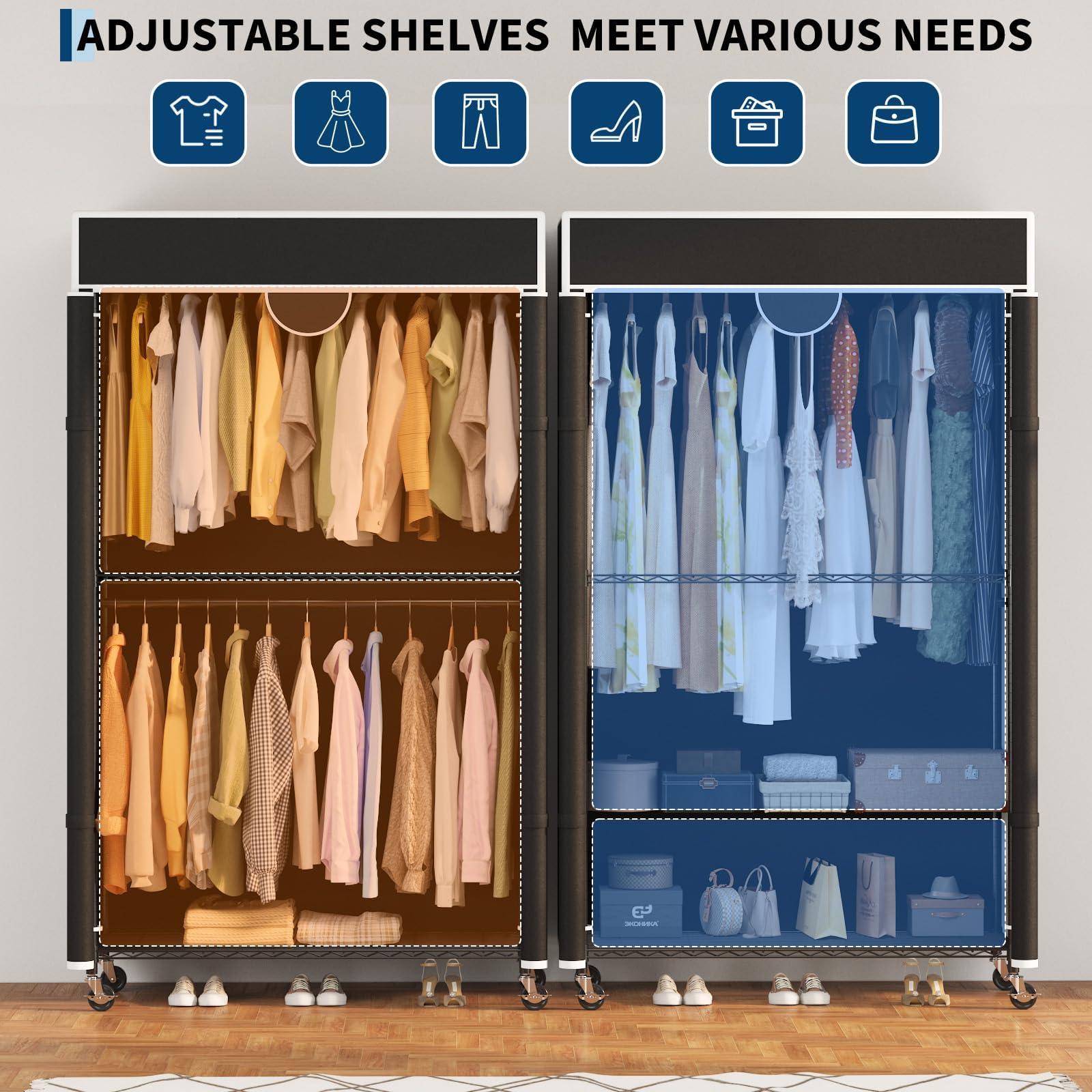 Aptliton Schwerlast Faltschrank Mit Rollen 115x45x202 cm, Kohlenstoffstahl Kleiderschrank Schwarz Freistehend, Stoffschrank Mit Kleiderstange Und 2 Ablagen, Garderobe Hohe Belastbarkeit Metallrahmen