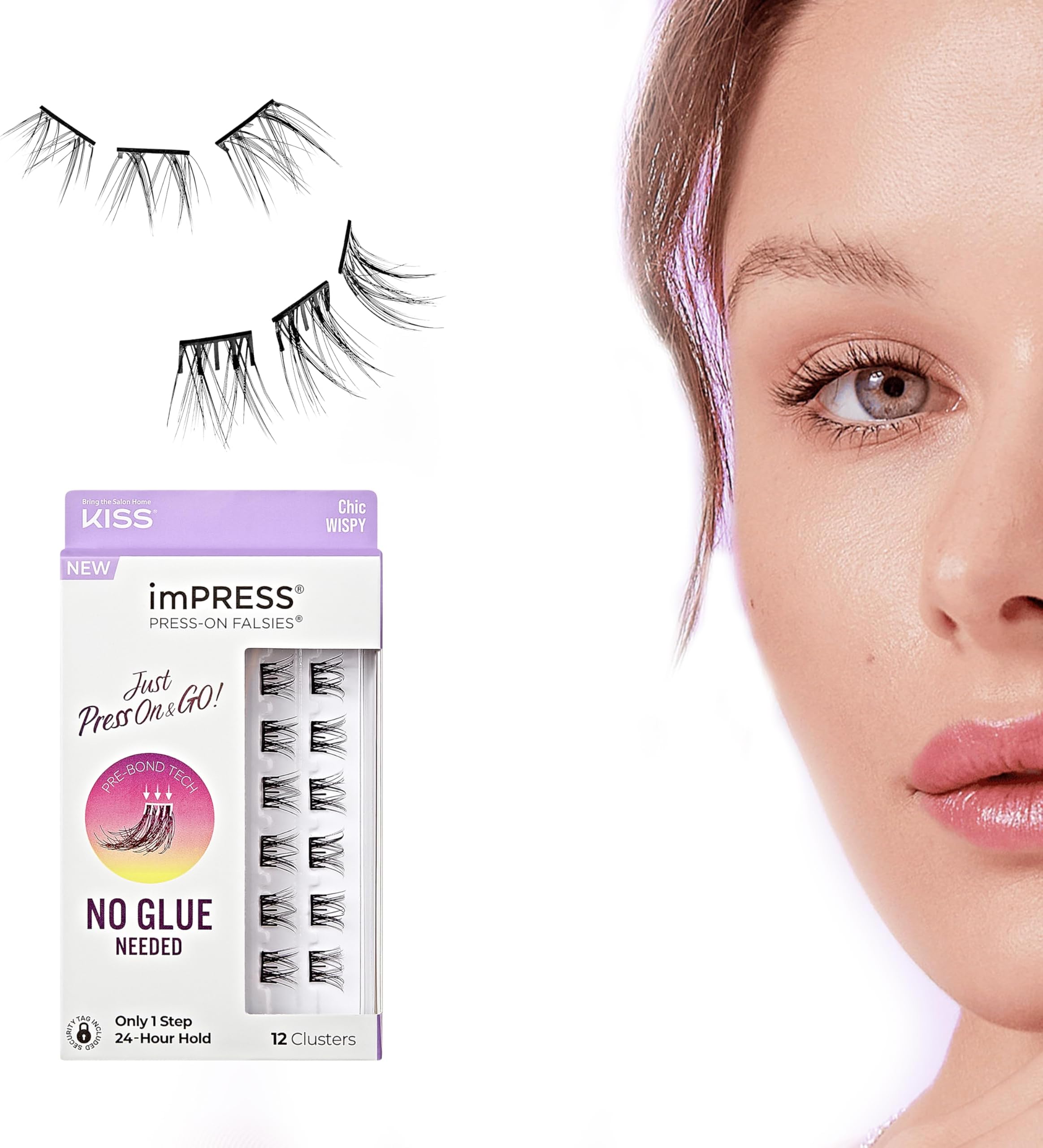 Kiss Impress Falsies Press On Self Adhesive Eyelashes, 12mm-14mm Natural Volume Press On Lashes, Black, No Glue Needed, Invisible Band, 12 Lash Clusters - Chic