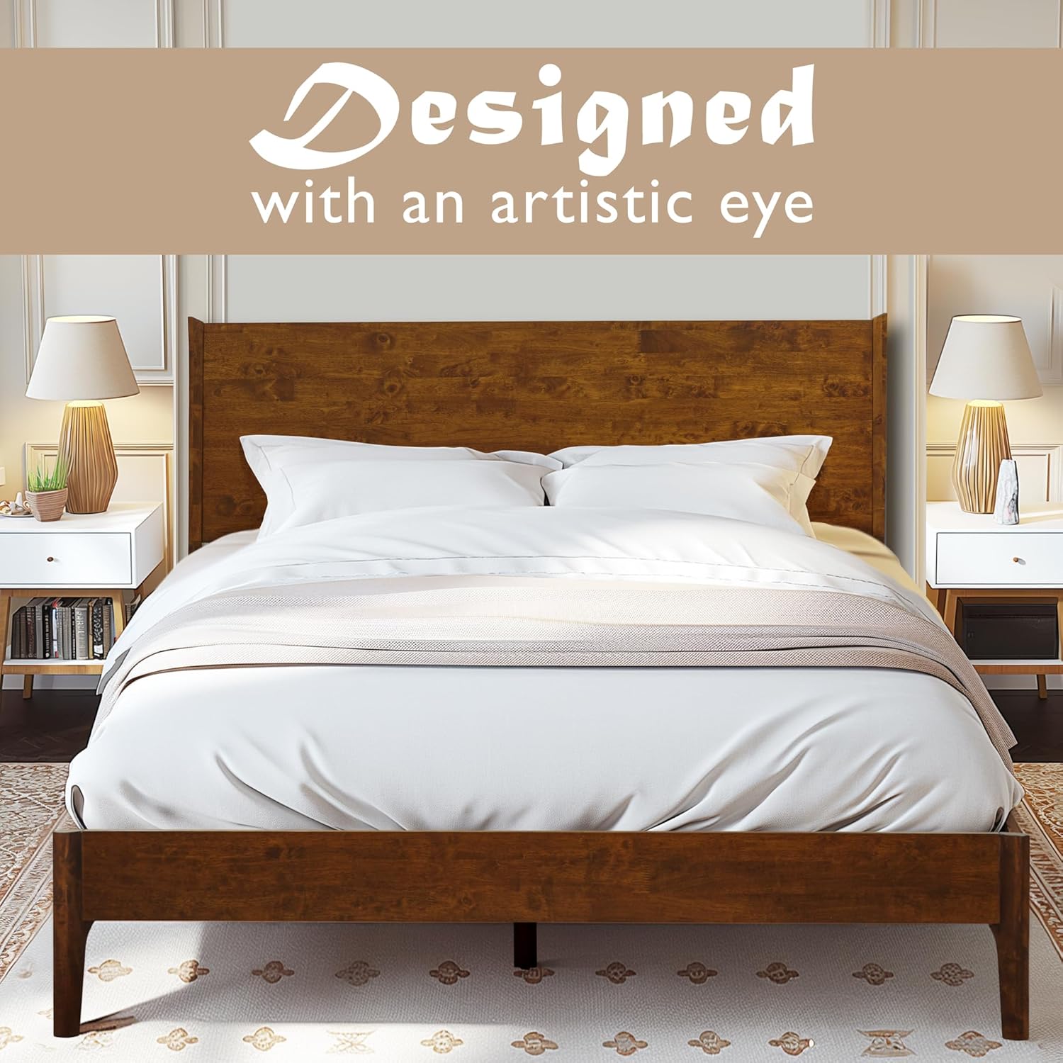 Acacia Haven Queen Bed Frame and Headboard, Platform Bed Frame Scandinavian Wood Bed Compatible with All Mattress Types, Wood Slats Support 800lbs Capacity, Quick & Easy Assembly, Walnut.