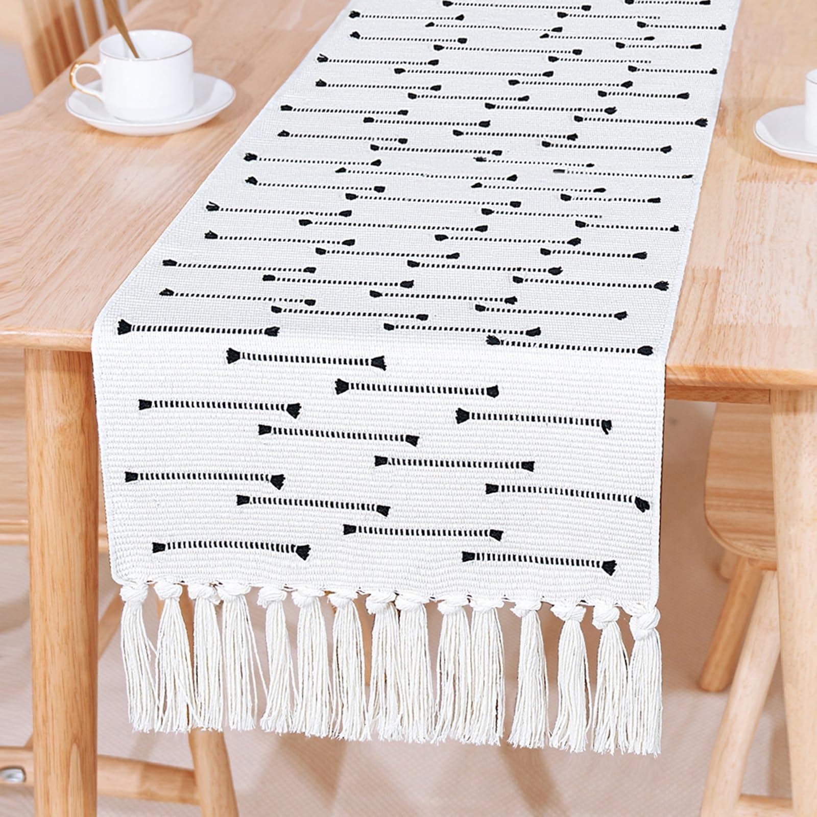Tischläufer Polybaumwolle Wohnzimmer, Tischläufer Hochzeit 35x200 cm, Schwarz Gewebt mit Quasten