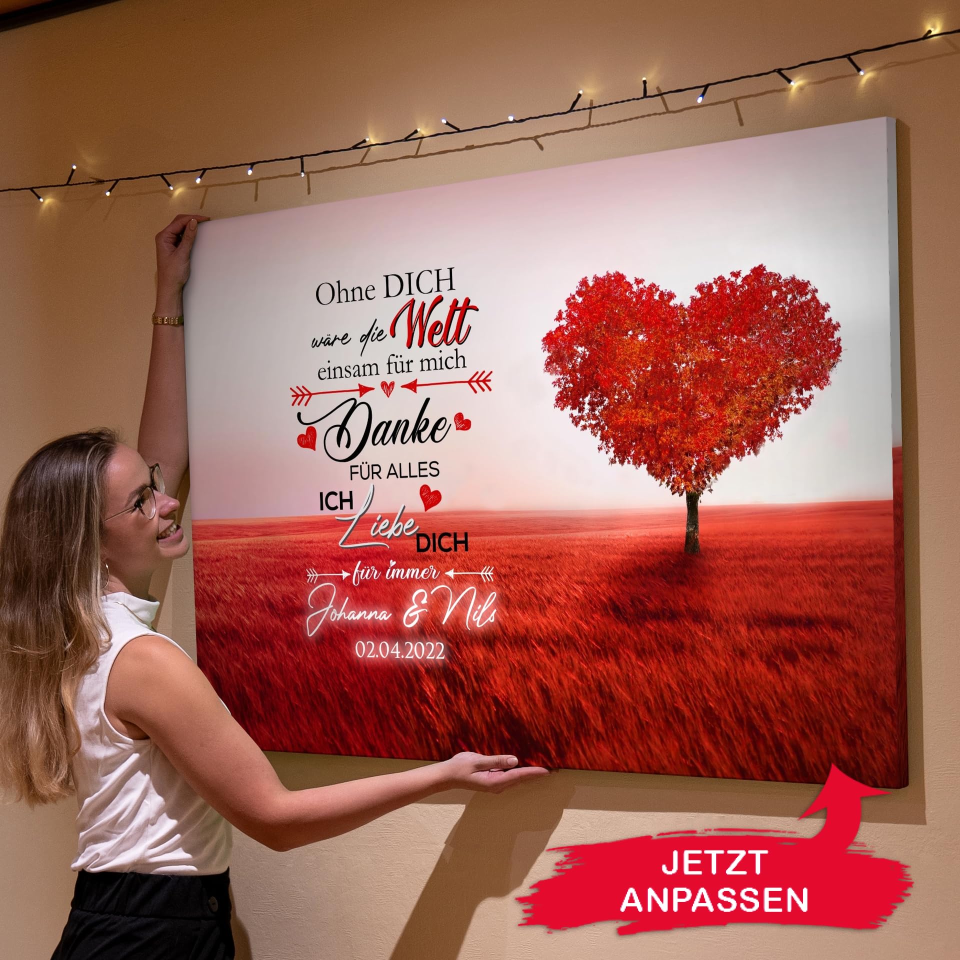 Liebesleinwand Individuelles Wandbild Ich liebe Dich | Jahrestag, Hochzeitstag Geschenke für Frauen | Leinwand mit Namen und Datum gestalten