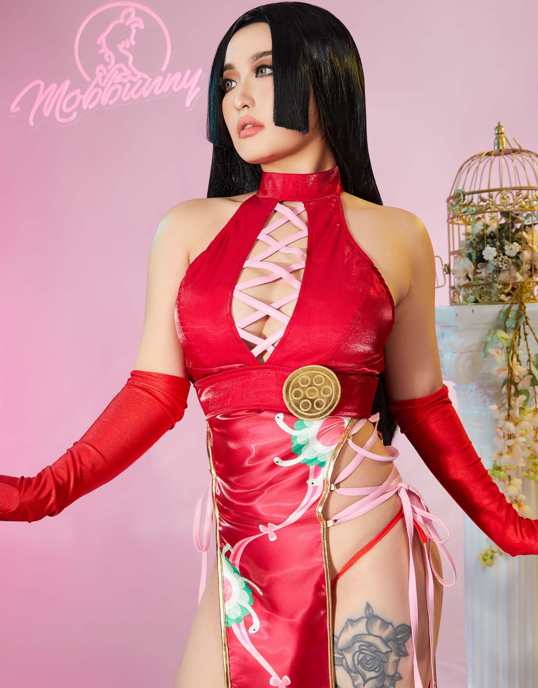 Mobbunny Women's Cheongsam Style Halter High Slit Dress Outfit Anime Cosplay Costume Halloween