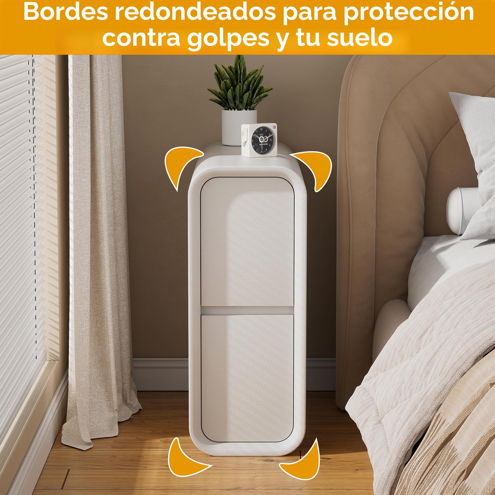 MSFE Mesita de Noche Estrecha, Mesita de Noche Estrecha con Superficie de Cuero,20cm Mesa Auxiliar Blanca con 2 Cajones, Mesitas Dormitorio,Sin Instalació, para Dormitorio,Salón