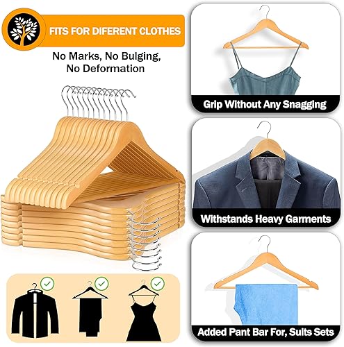 Miniatura 4 de Home Perchas de madera de alta calidad, paquete de 20 unidades, duraderas y delgadas, perchas para trajes con gancho giratorio de 360 grados,