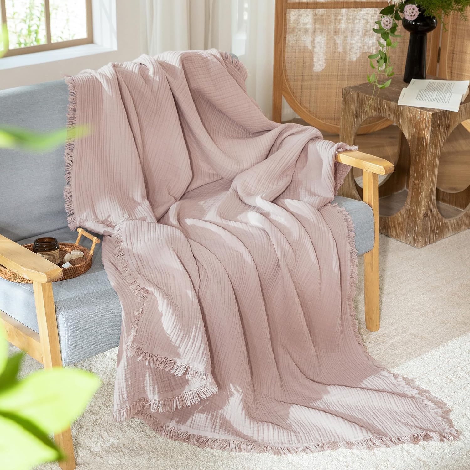 MooMee Muslin Blanket - 100% Cotton 4-Layer Gauze Throw Blanket with Tassels Ultra-Soft Breathable Lightweight Cooling for Bed Couch (Greyish Pink,King 104" x 90") - Image 8