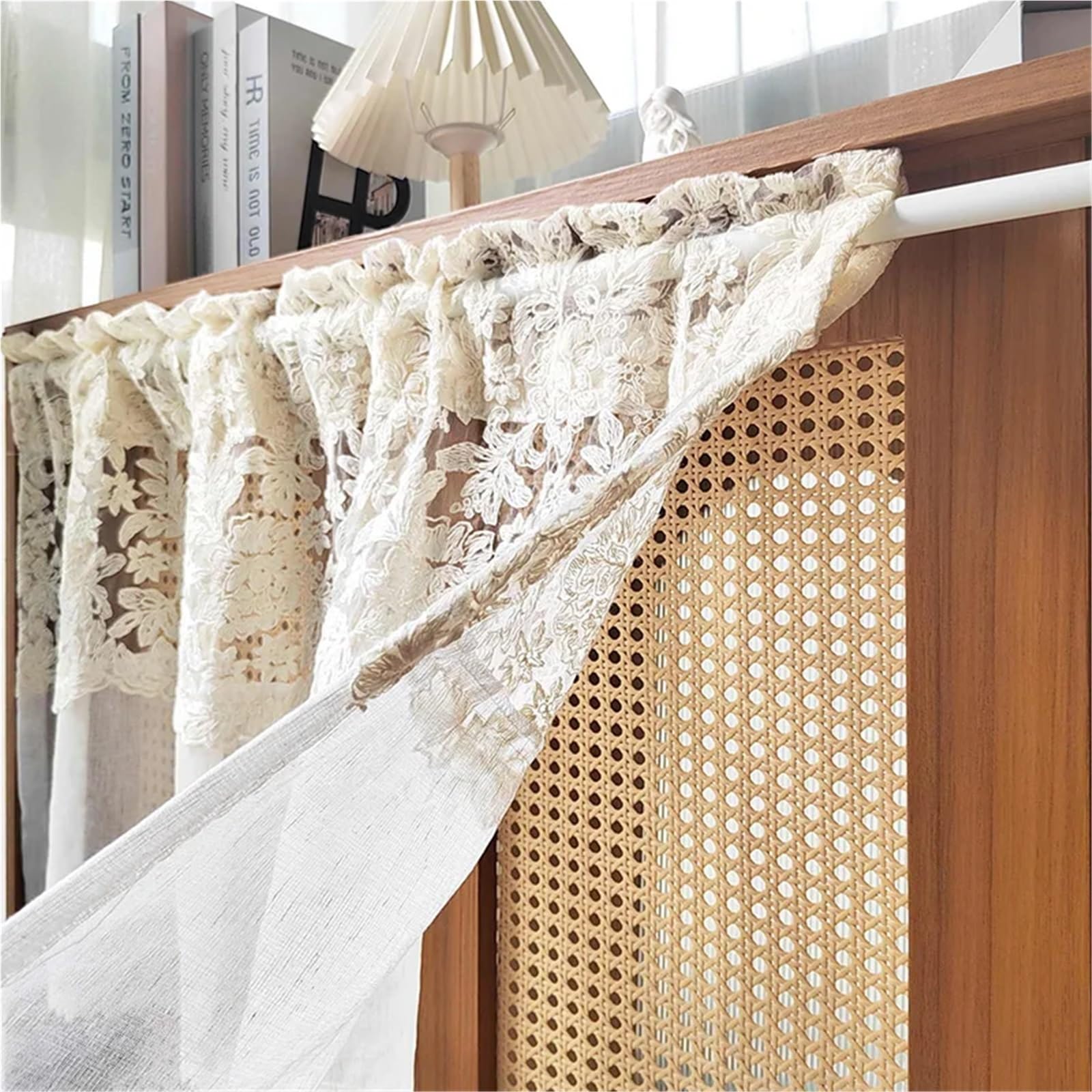 Tende Per Finestre Piccole Tenda corta trasparente con ricamo floreale romantico, in pizzo beige retrò, for soggiorno, camera da letto, mobile cucina(W100 x H90cm 1Piece)