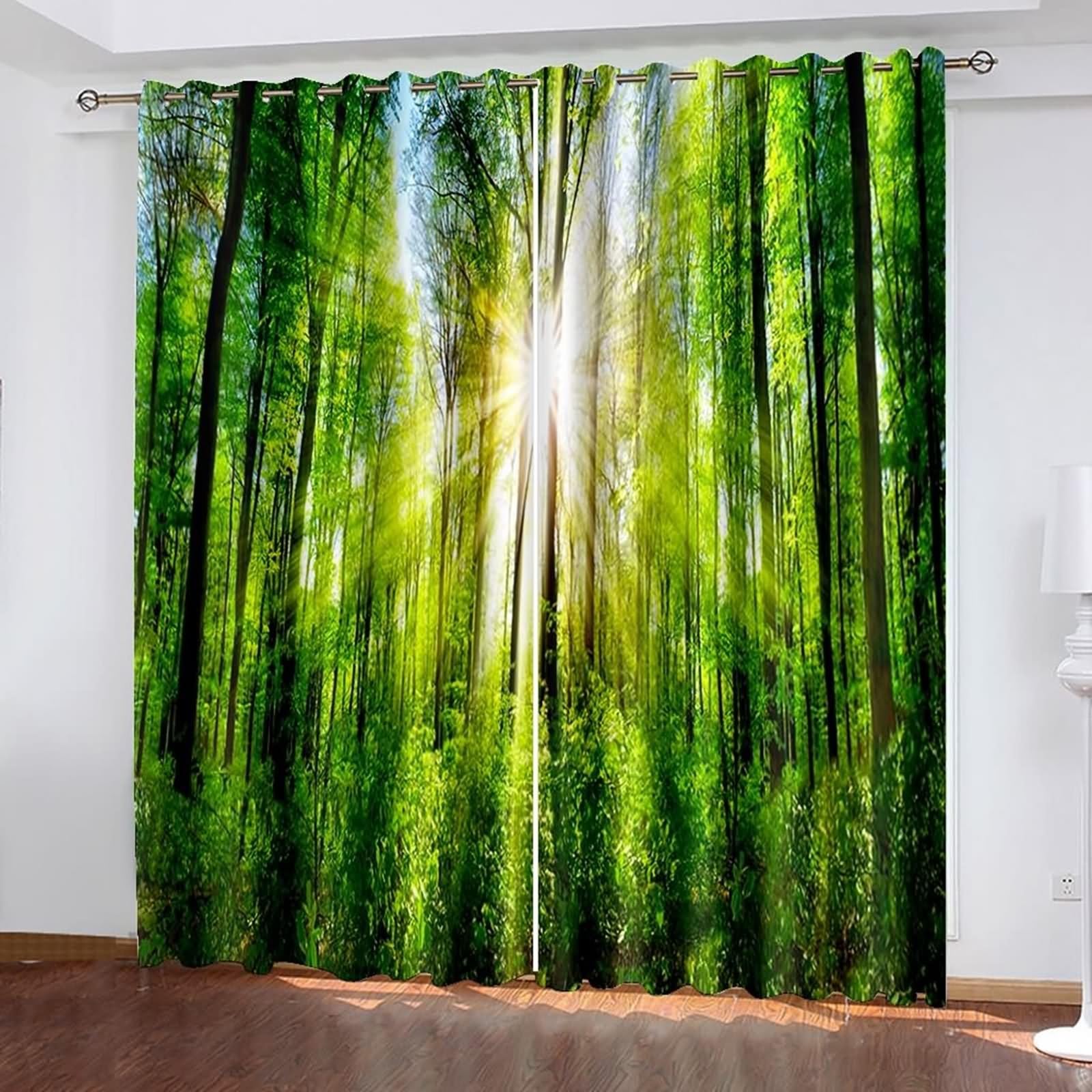 Nowoczesne zasłony kuchenne, firanki zielone drzewa i słońce krajobraz poliester, zestaw 2 sztuk, 468 x 274 cm