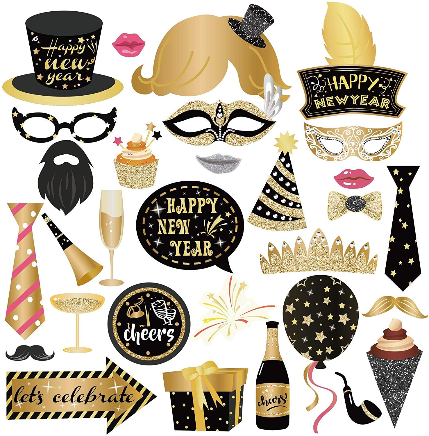 AIYANG2021 New Year's Party Photo Booth Props Black Gold Fireworks Hats Lips Beard Crown Camera Posing Props New Year Eve Birthday Wedding Party Decoration Favors