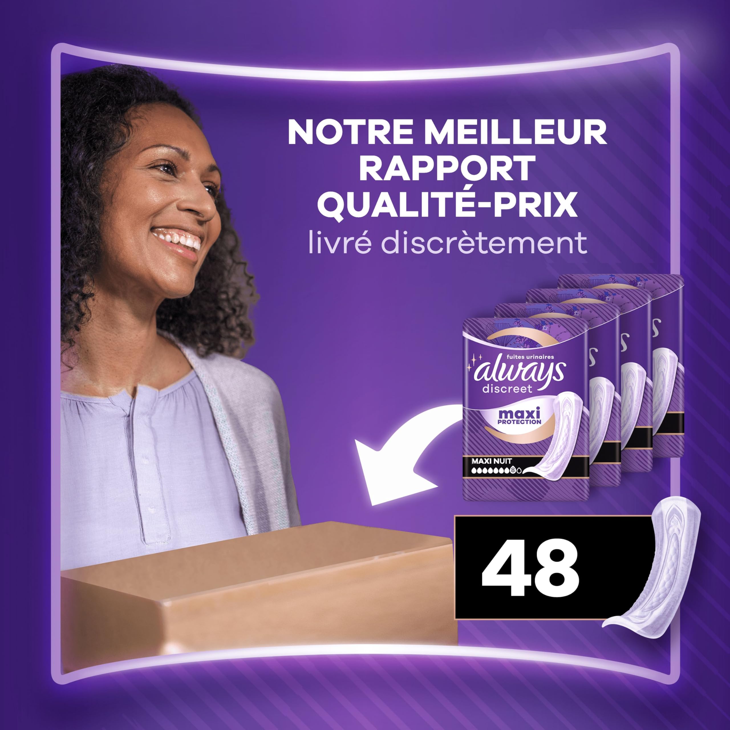 Always Discreet Extra Secure, Serviettes Pour Incontinence ou Fuites Urinaires, Fuites Importantes, Format Eco, 7 Gouttes, Ultimate Night, 48 Pochettes Individuelles (4 x 12 unités)