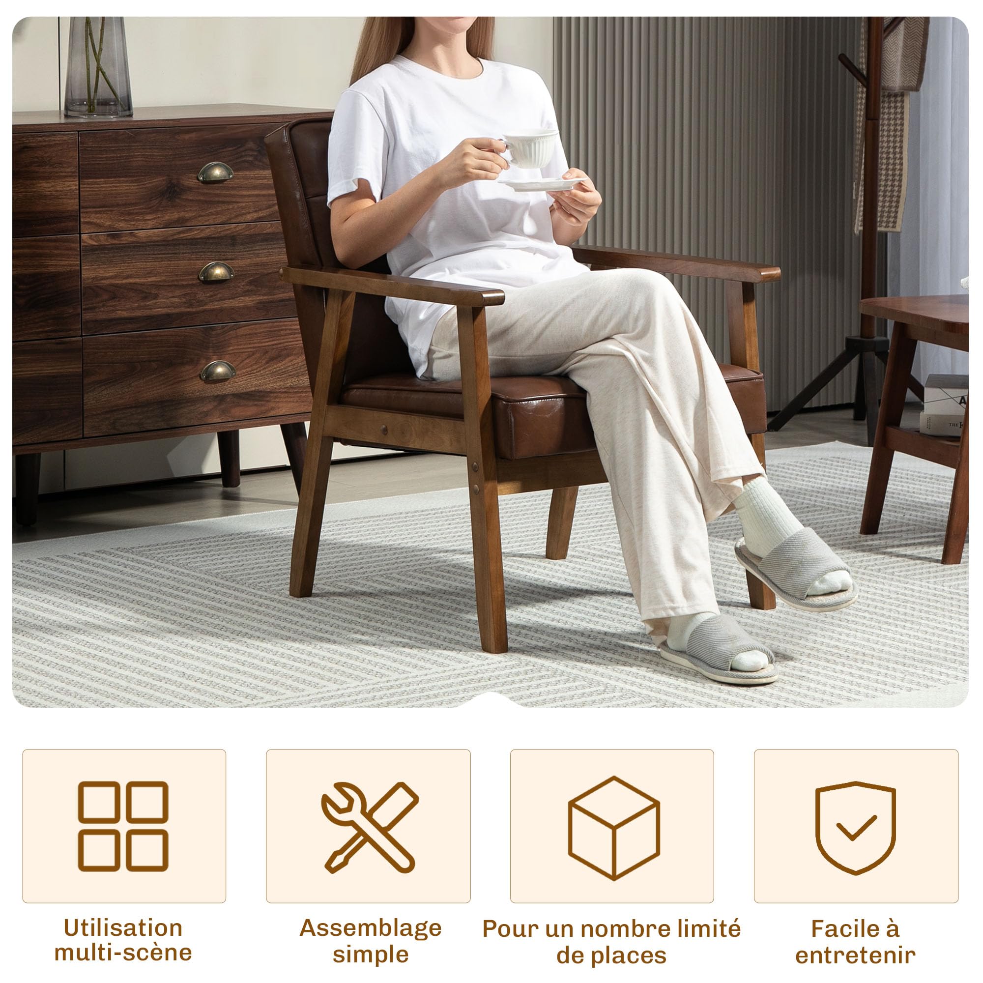 HOMCOM Fauteuil de Salon Fauteuil de Chambre Dossier capitonné Marron