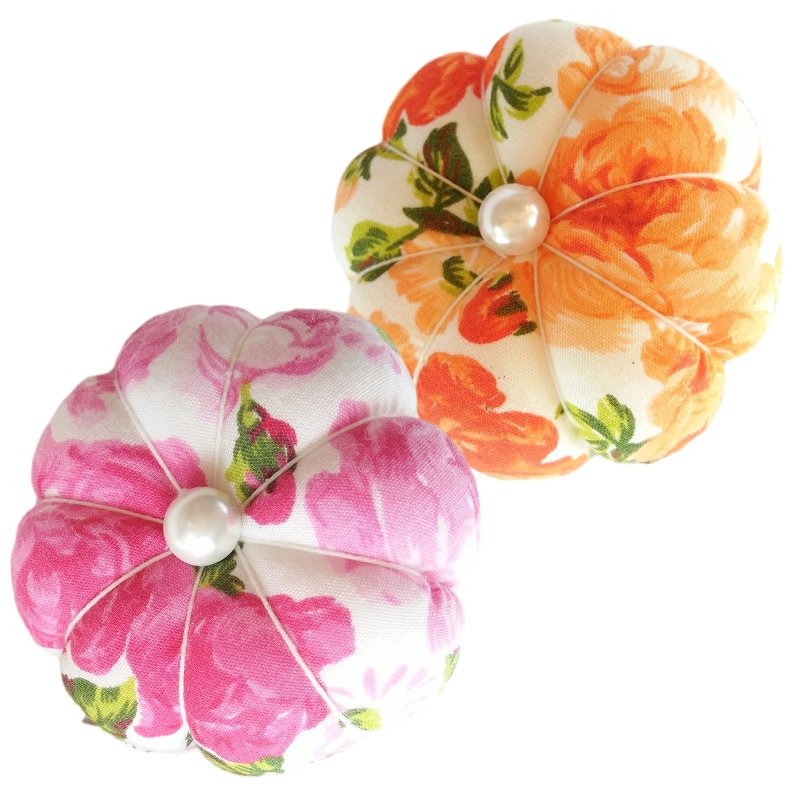 CUSHYSTORE 2X Floral Small Wrist Pin Needle Cushion Pincushion Sewing with Adjustable Elastic Strap for All Wrist Sizes (Orange + Pink)