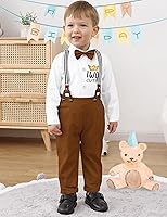 Vista 3 de AGAPENG Traje de primer cumpleaños para niño Mr Onederful First Gentleman Bowtie Mameluco con tirantes y sombrero de corona