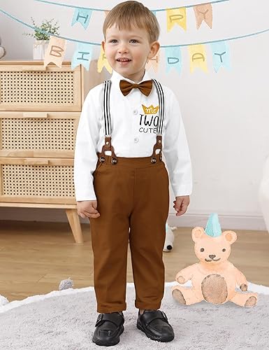 Miniatura 3 de AGAPENG Traje de primer cumpleaños para niño Mr Onederful First Gentleman Bowtie Mameluco con tirantes y sombrero de corona