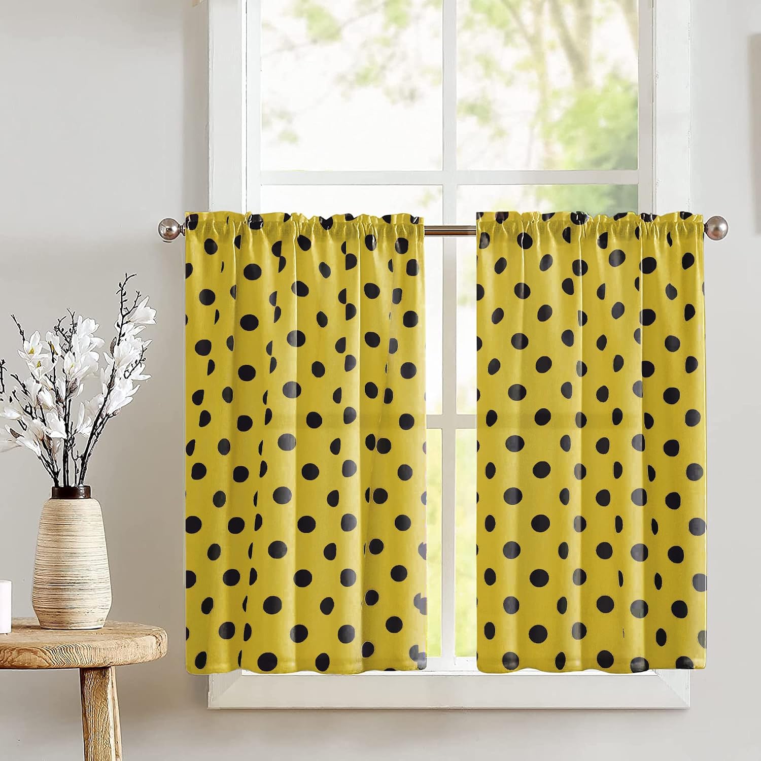 Zen Creative Designs Polka Dots Print Tier Window Valance 2 Piece Set Home Décor Bedroom Nursery Kitchen Window (Black on Red)