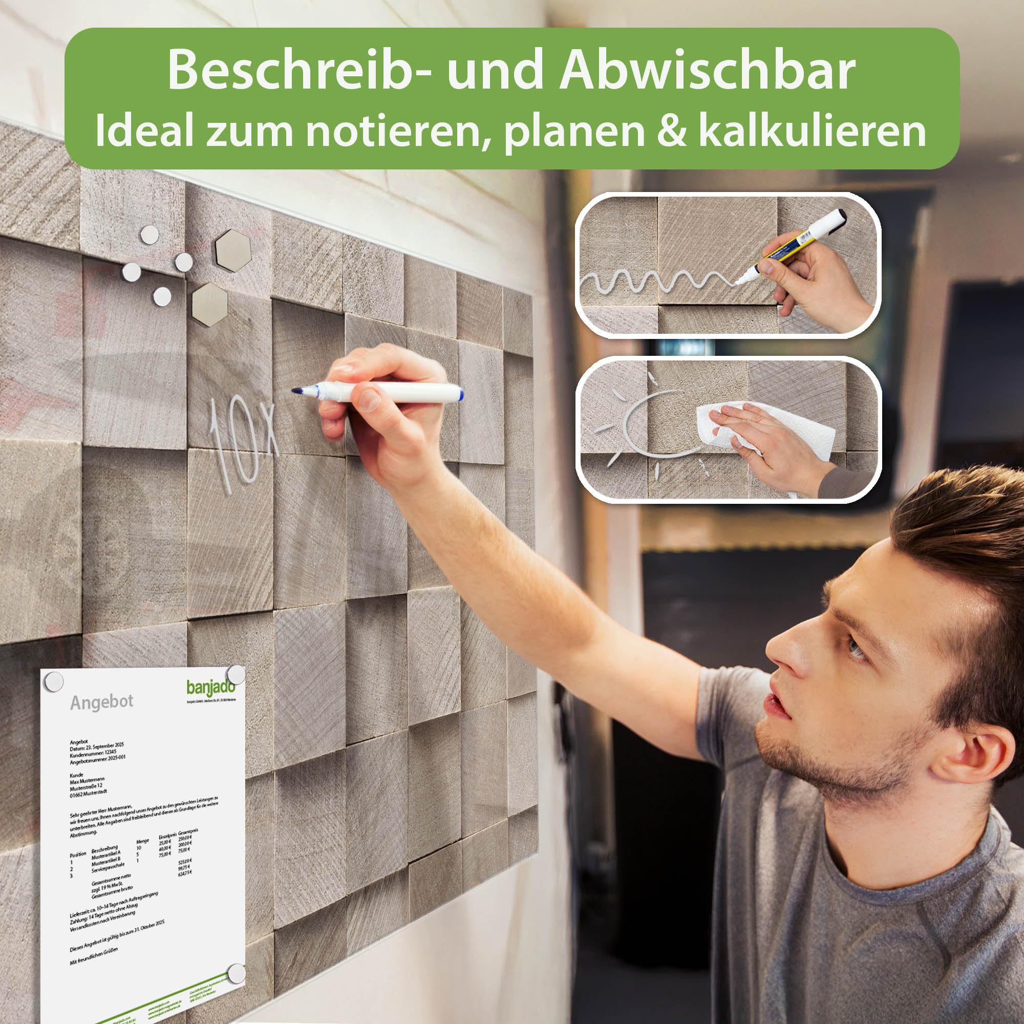 banjado Glas-Magnettafel in 45x30cm für Notizen in Holzoptik | Magnetisches Glasboard für Notizen und Fotos, mit Motiv Bauklötze Relief in warmer Holzoptik