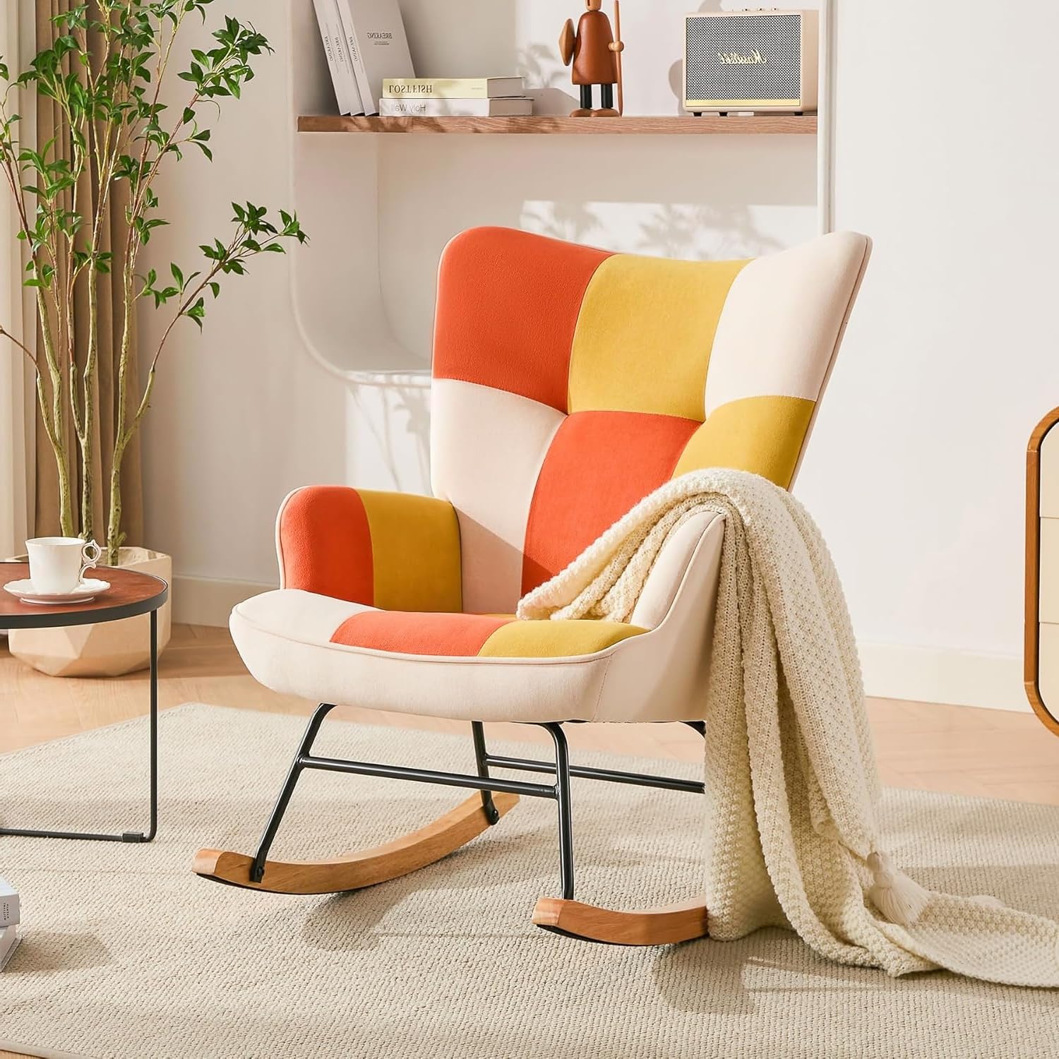 Mecedora de Terciopelo para habitación Infantil, con Estructura de Metal y Base de Madera, tapizada, para salón, Ocio, para salón, Dormitorio (Mecedora de Patchwork, Naranja y Amarillo)