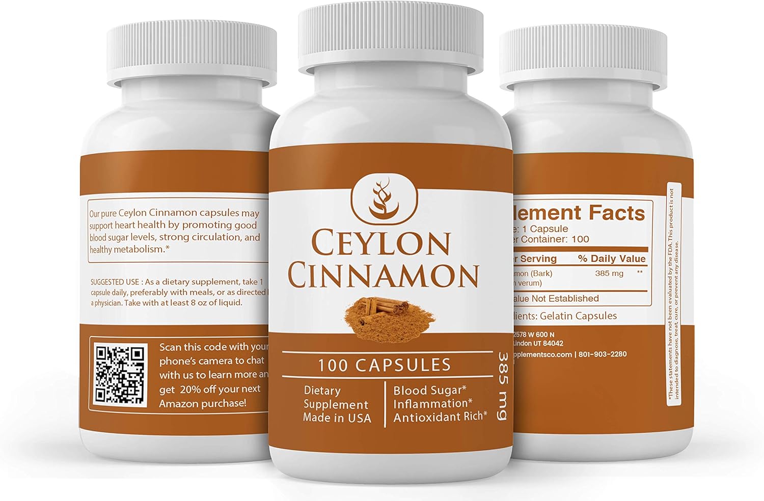 Ceylon Cinnamon (100 Capsules) 100% Pure & Natural, Gluten-Free, Antioxidant-Rich & High Potency (385 mg Serving) : Health & Household
