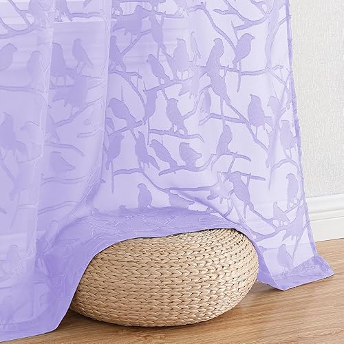 Vista 145 de OVZME - Anji Cortinas semitraslúcidas de gasa, ligeras, vaporosas, privacidad, textura, bolsillo barra doble, pájaros recortados, dormitorio, sala