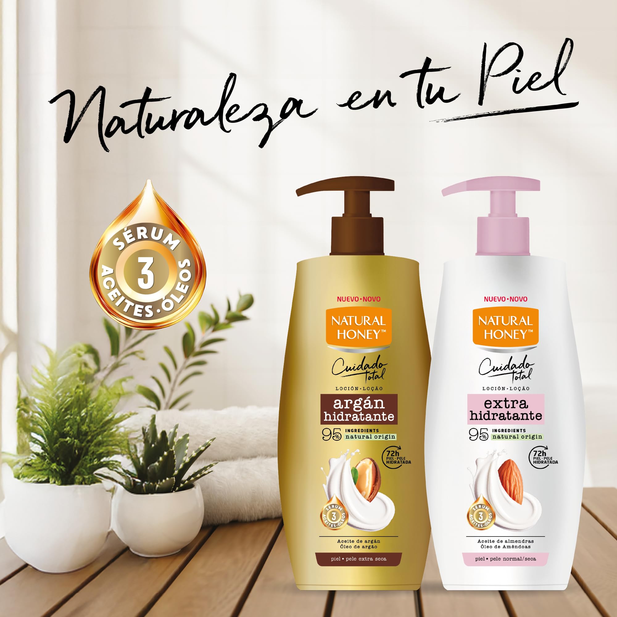 Natural Honey, Loción Corporal Extra Hidratante para Pieles Normales y Secas, 72H de Hidratación Profunda con Aceite de Almendras y Sérum de 3 Aceites, Línea Cuidado Total, 600 ml