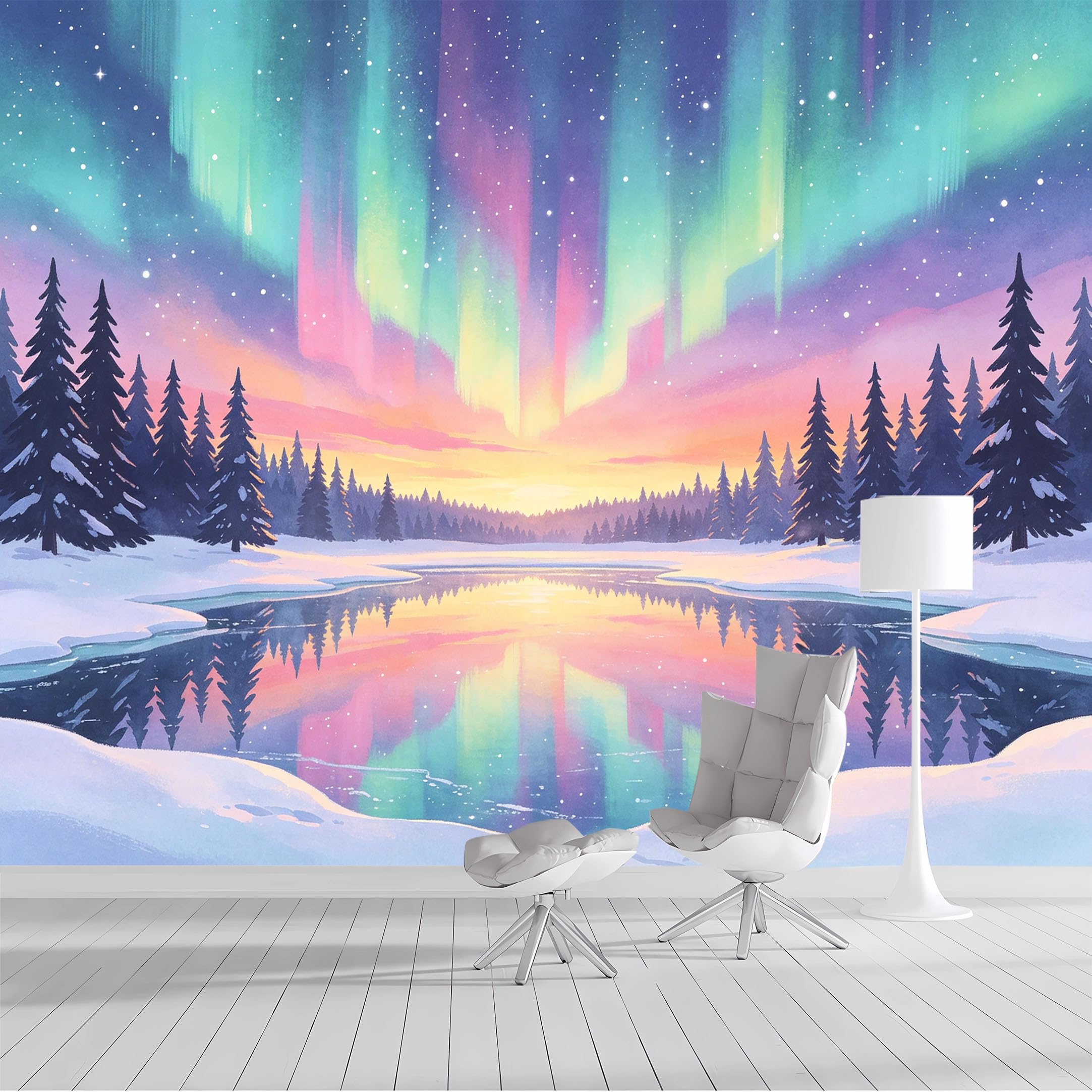 Custom Size Wall Mural Northern Lights Snowy Lake SelfAdhesive Wall Fabric Removable Peel and Stick Wallpaper Wall Decor for Living Room Bedroom Bathroom