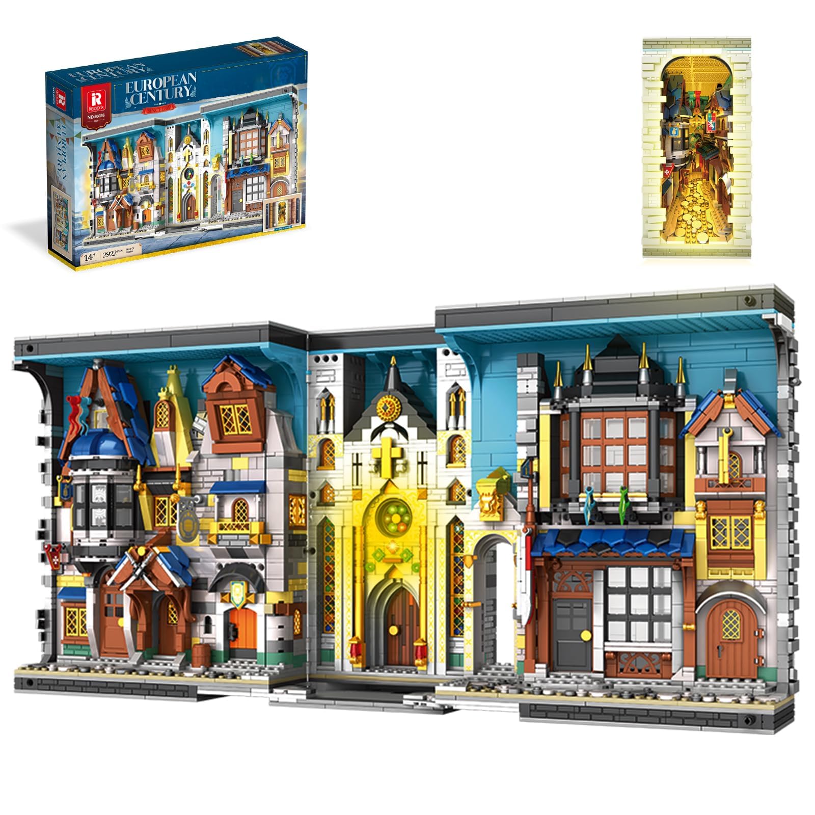 Reobrix Medieval Architecture Booknook Building Toy Set with Lights, Creative Street View Bookends Home Decor Model, 66026 Book Nook Puzzle Gift for Adults Boys Girls 14+ (2687PCS)
