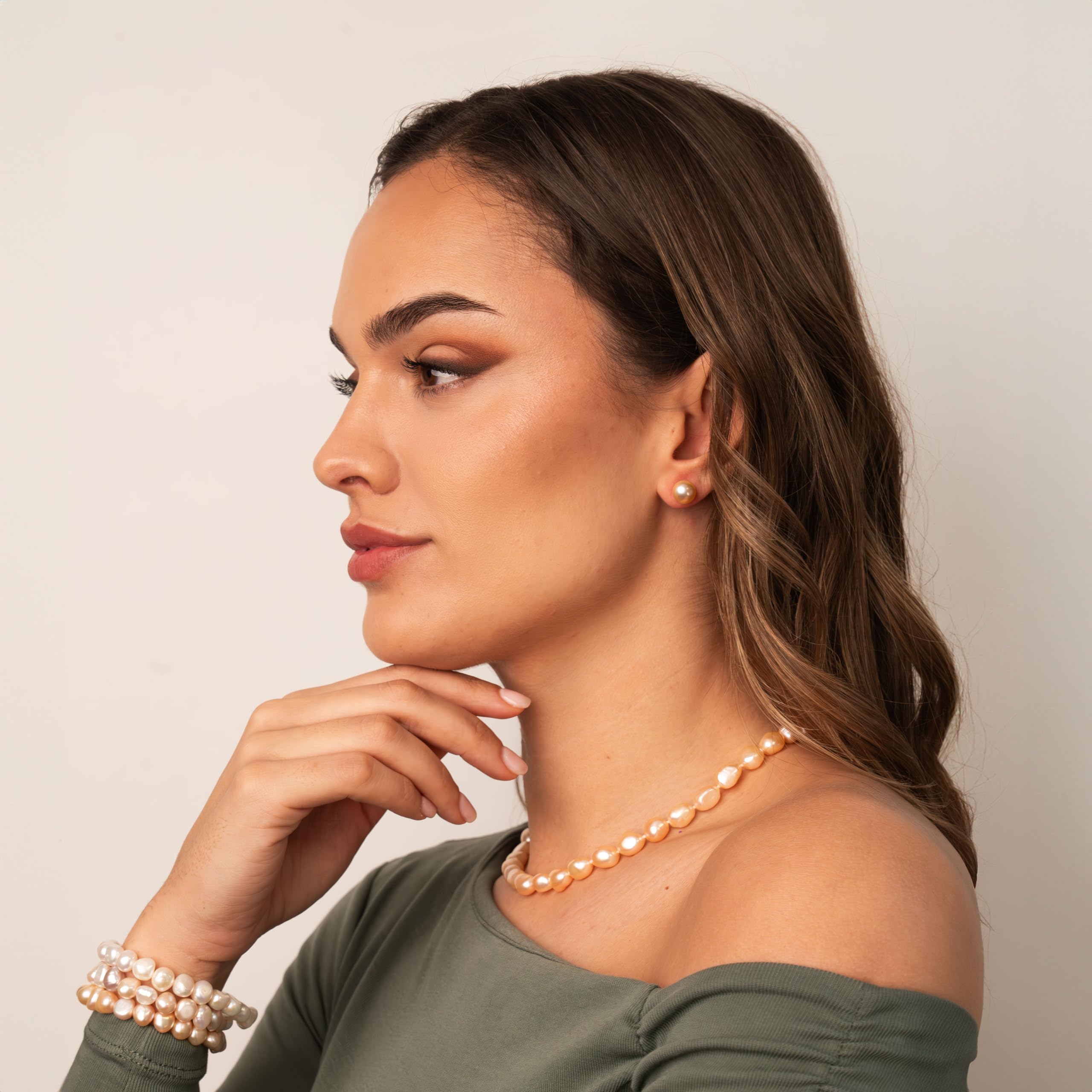 Damen Perlenohrringe Orange Süßwasser Zuchtperlen Knopfform Pfirsich Orange Farbe SECRET & YOU - Perlen Ohrstecker Sterling Silber 925 - Erhältlich in 4 Größen von 8-11 mm
