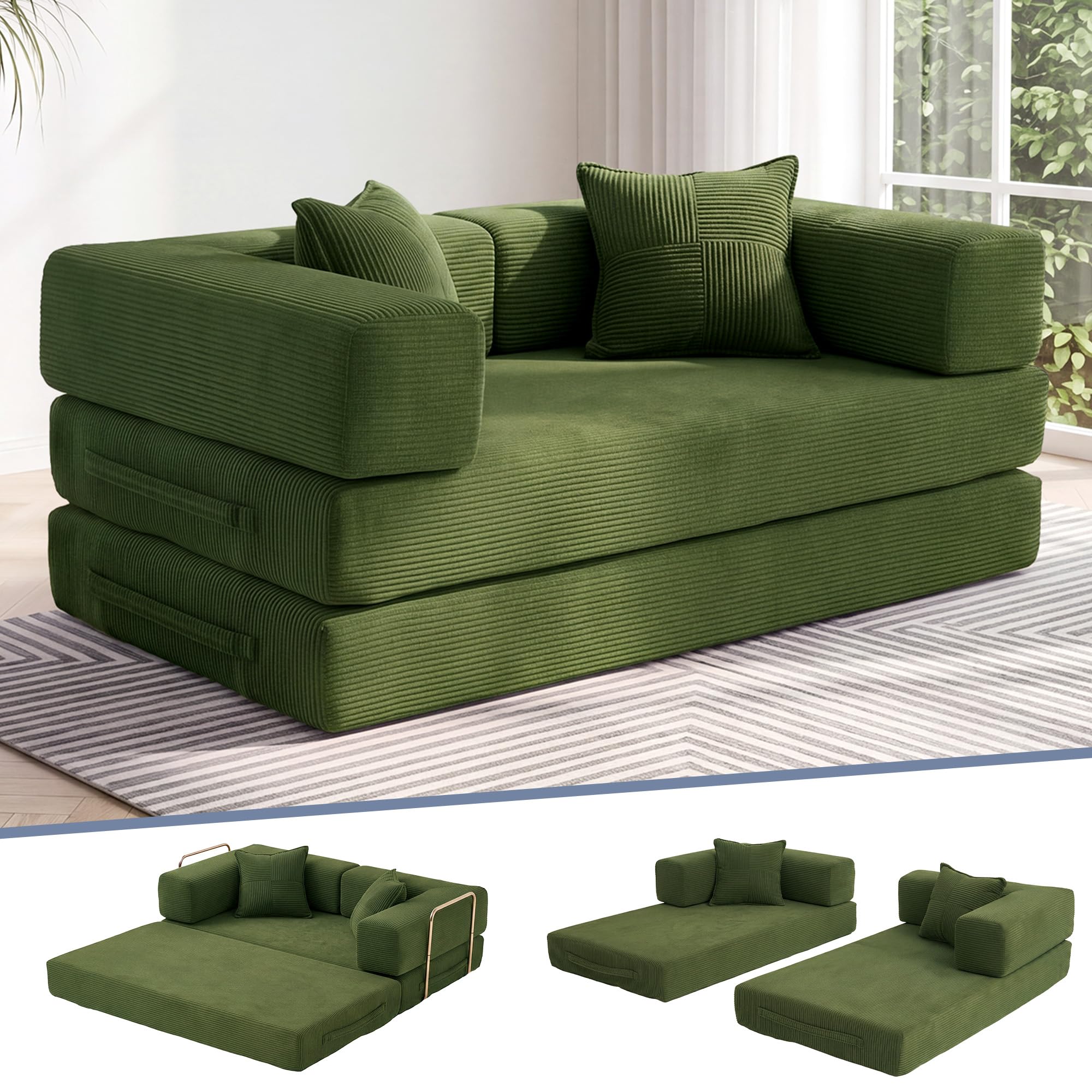 NOVOYO™ 160cm Convertible Sofa Bed, 5-in-1 Boneless Couch with High-Density Memory Foam, Corduroy Sleeper Sofa, Folding Pull Out Bed, No Assembly, for Living Room, Bedroom & Apartment