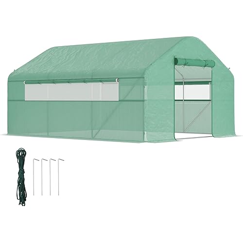 Outsunny 13' x 10' x 6.5' Hoop House Greenhouse with Large Windows and Zippered Door, Large Walk-in Tunnel Green House with Upgraded Galvanized Steel Frame, PE Cover, Gardening Plant Hot House, Green