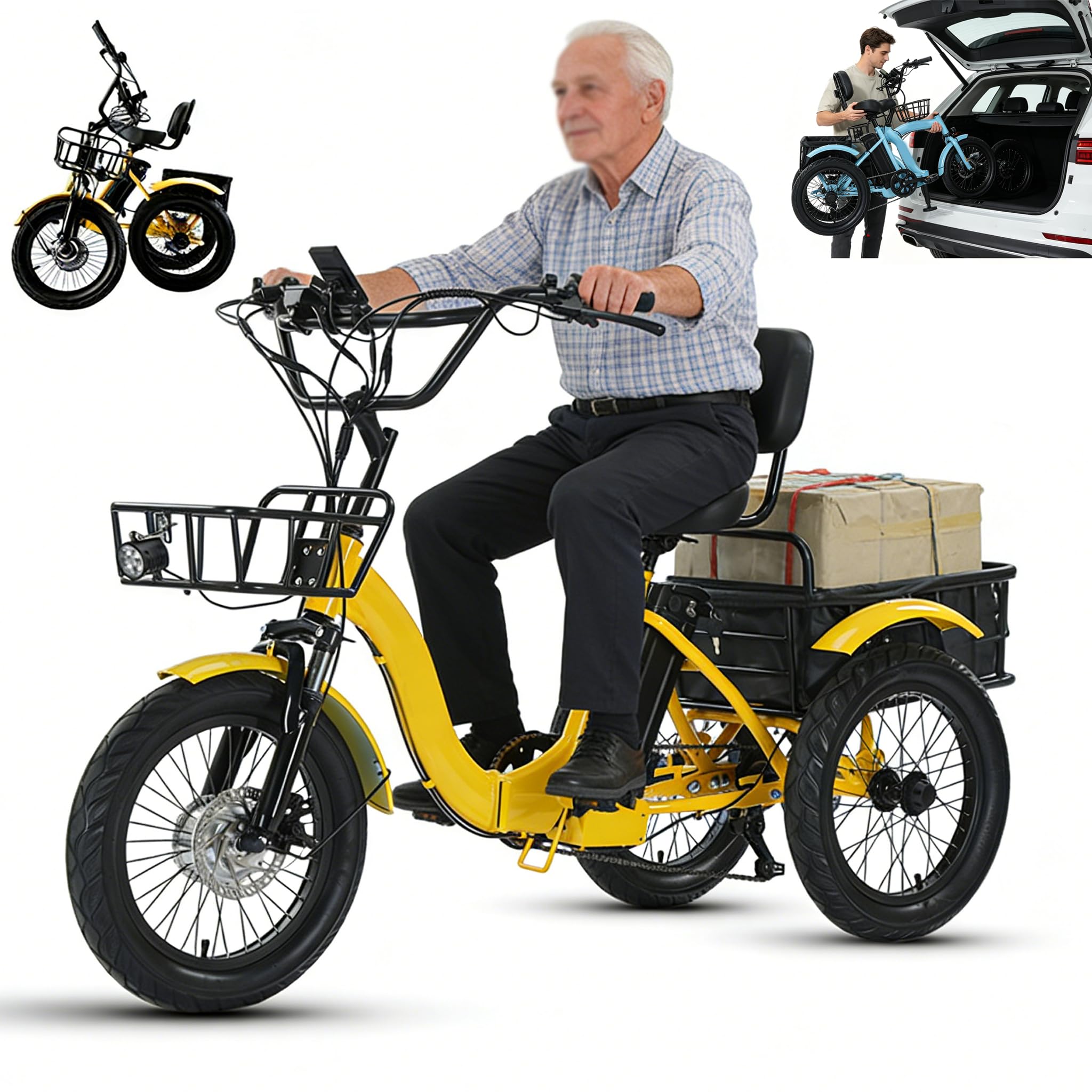 Triciclo elettrico pieghevole per adulti con pneumatici larghi, ideale per lo shopping e i picnic.