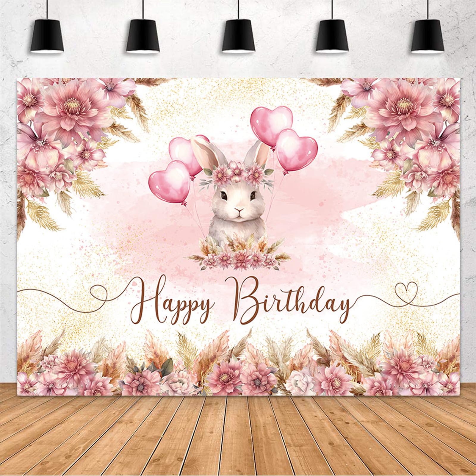 MEHOFOND 7x5ft Bunny Happy Birthday Backdrop Pink Boho Floral Photography Background Rabbit Girl Easter Watercolor Gold Glitter Dots Bday Party