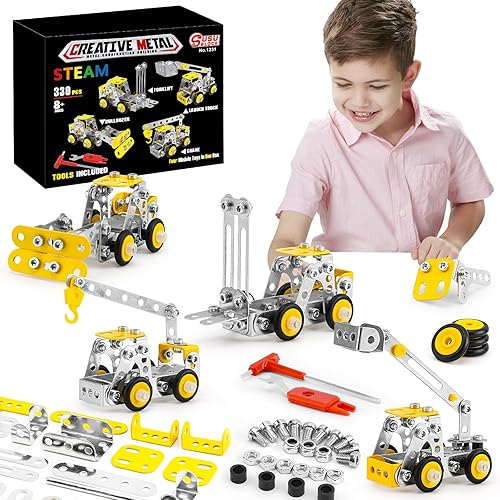 BESTYMXY Juguetes de construcción de troncos, kit de modelos de vehículos de ingeniería de metal, 330 piezas de juegos de erectores para niños de 8