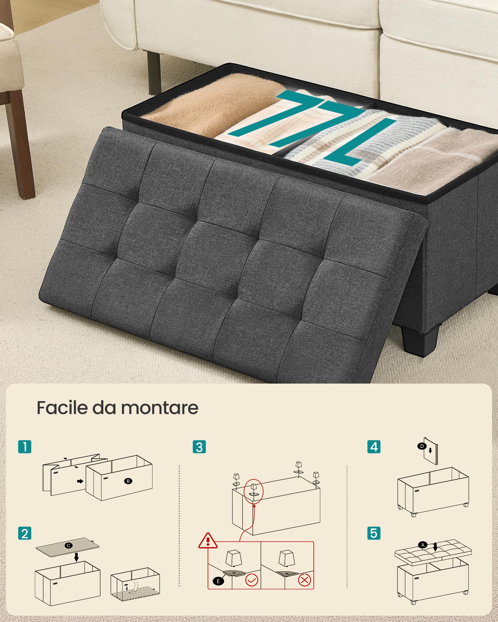 SONGMICS Cassapanca con Gambe, Pouf Contenitore Pieghevole con Coperchio Ribaltabile, Piedi Letto, Soggiorno Camera da Letto Ingresso, Tessuto Effetto Lino, 76 cm, Grigio Ardesia LSF049GN01