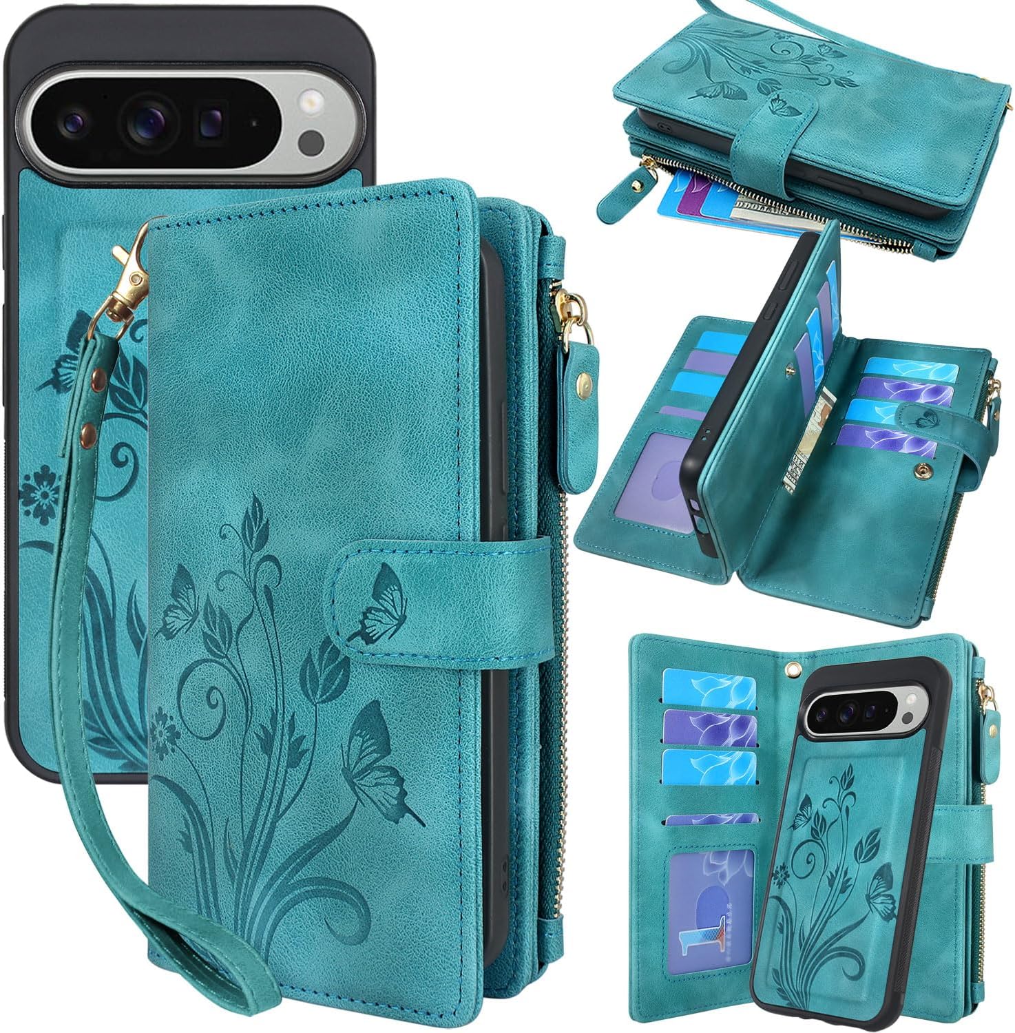 Lacass Case Wallet for Google Pixel 9 Pro XL, [12 Card Slots] ID Credit Cash Holder Zipper Pocket Detachable Leather Wallet Cover with Wrist Strap Lanyard（Floral Blue Green）