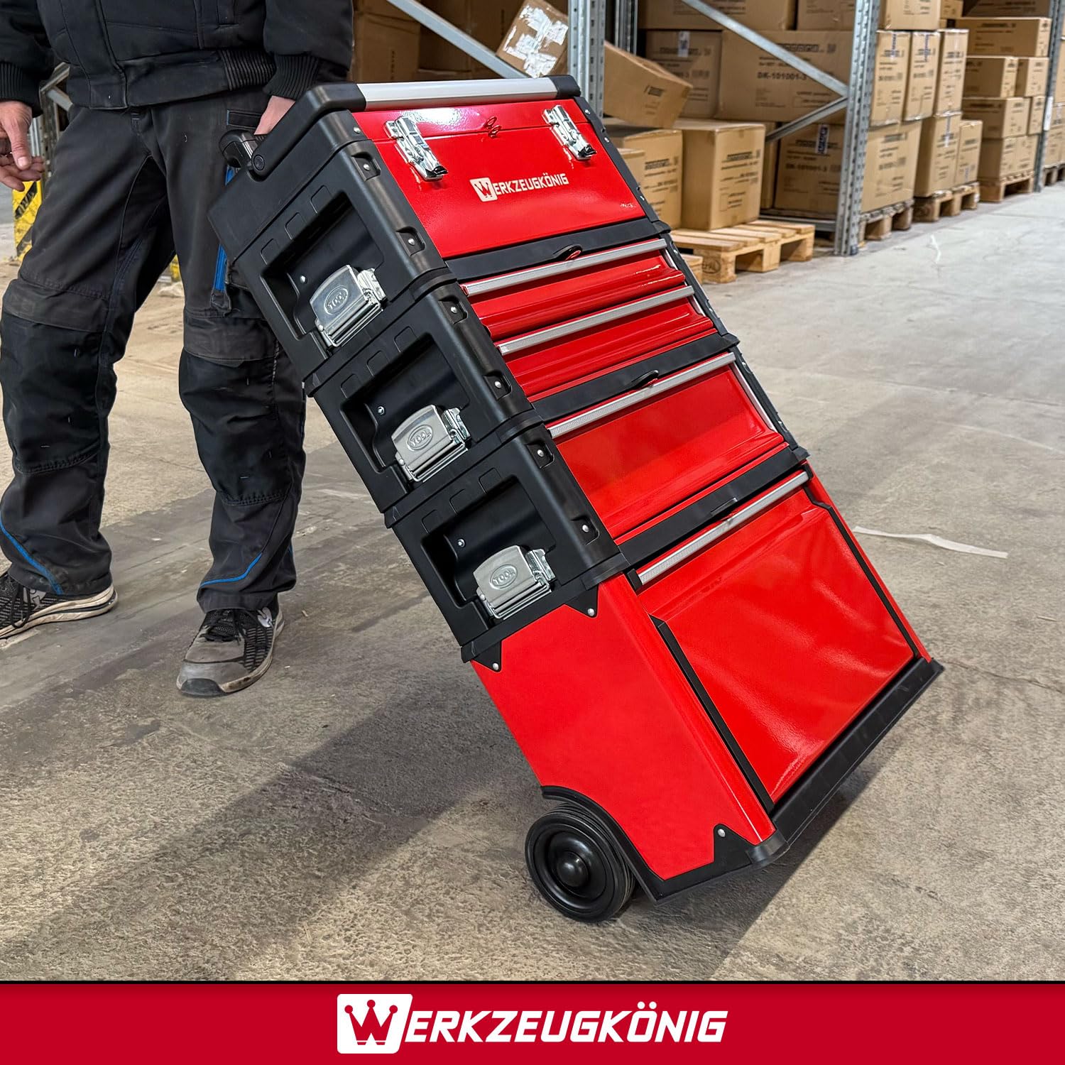 Werkzeugtrolley 4 Teile Stahlblech Rot pulverbeschichtet - 1 Werkzeugkoffer, 2 schmale Schubladen, 1 hohe Schublade, 1 großes Klappfach - gratis Kleinteilekoffer