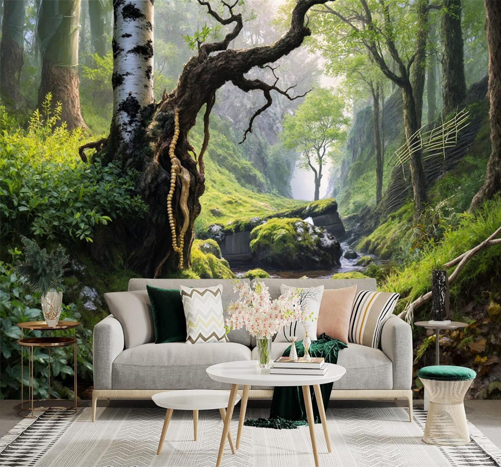 XLMING Forest Moss Rocks Old Trees Green Valley 3D Wallpaper Silky Texture Home Study Office Grey Dining Room Sofa Bedroom Living Room TV Backdrop-400cm×280cm