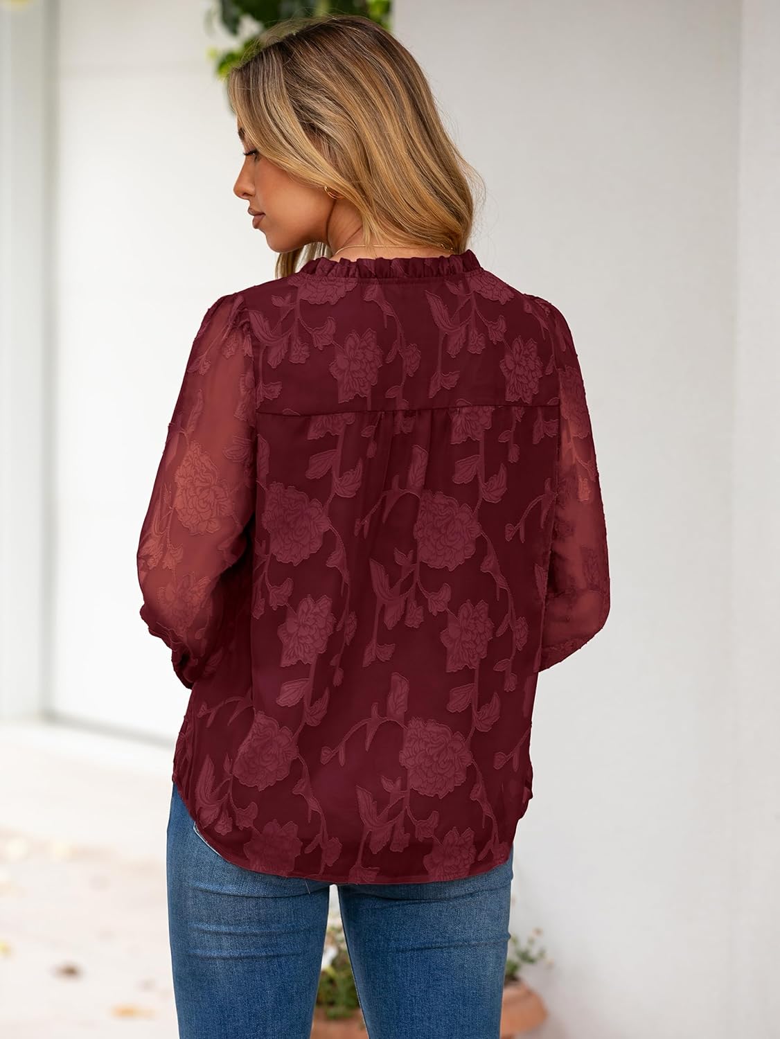 Simplee Womens Dressy Casual Blouses Long Sleeve V Neck Chiffon Burnout Shirts Loose Business Work Top Fall Outfits - Image 6